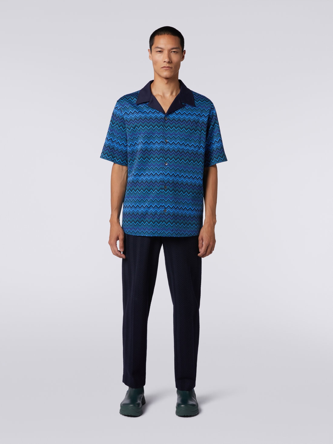 Short-sleeved jacquard knit cotton jersey shirt, Blue - US23WJ0BBJ00BFSM8Z5 - 1