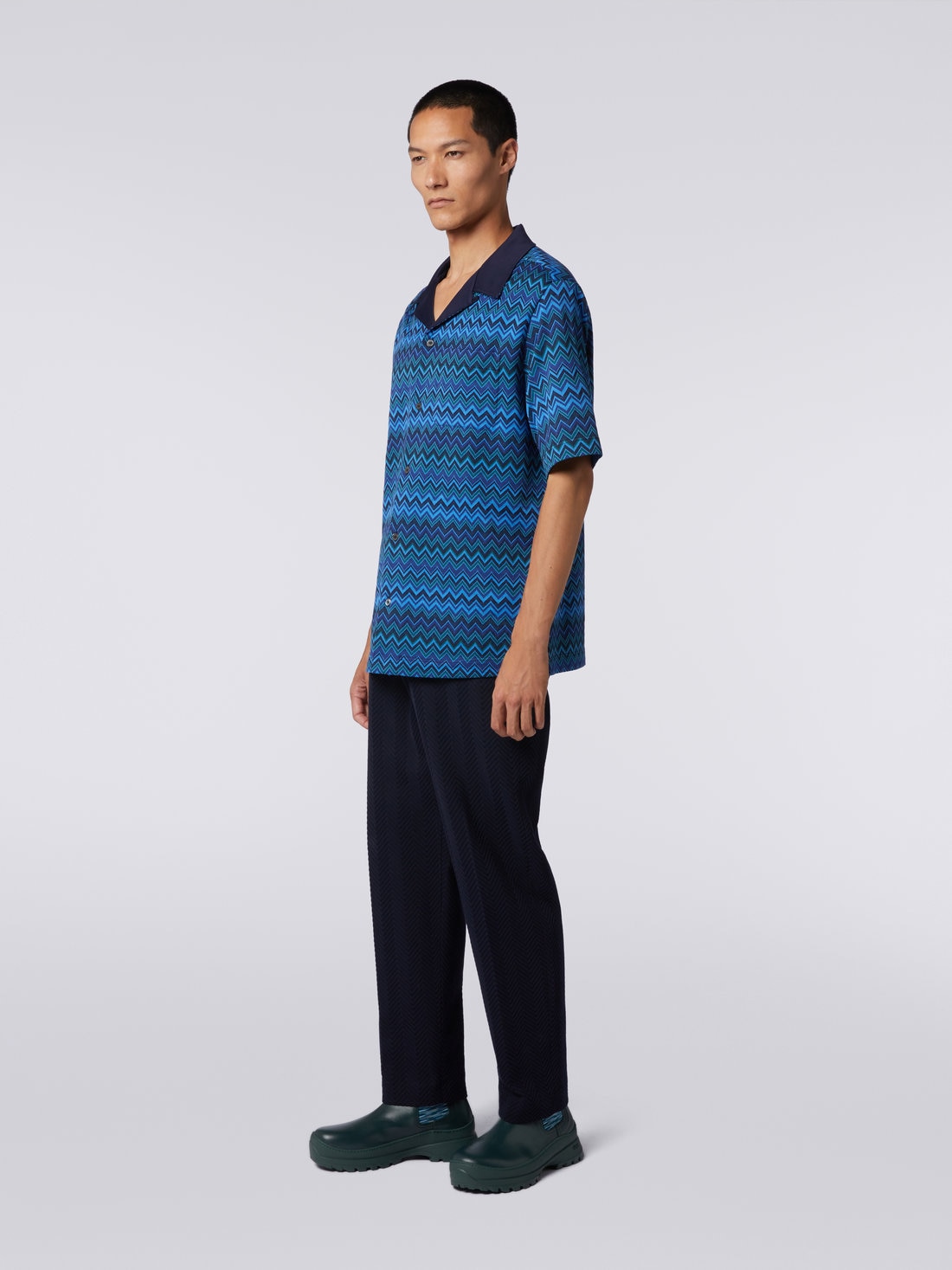 Short-sleeved jacquard knit cotton jersey shirt, Blue - US23WJ0BBJ00BFSM8Z5 - 2