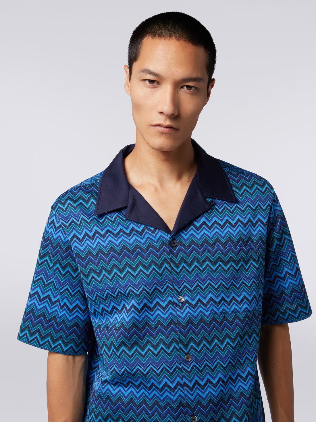 Short-sleeved jacquard knit cotton jersey shirt, Blue - US23WJ0BBJ00BFSM8Z5 - 4