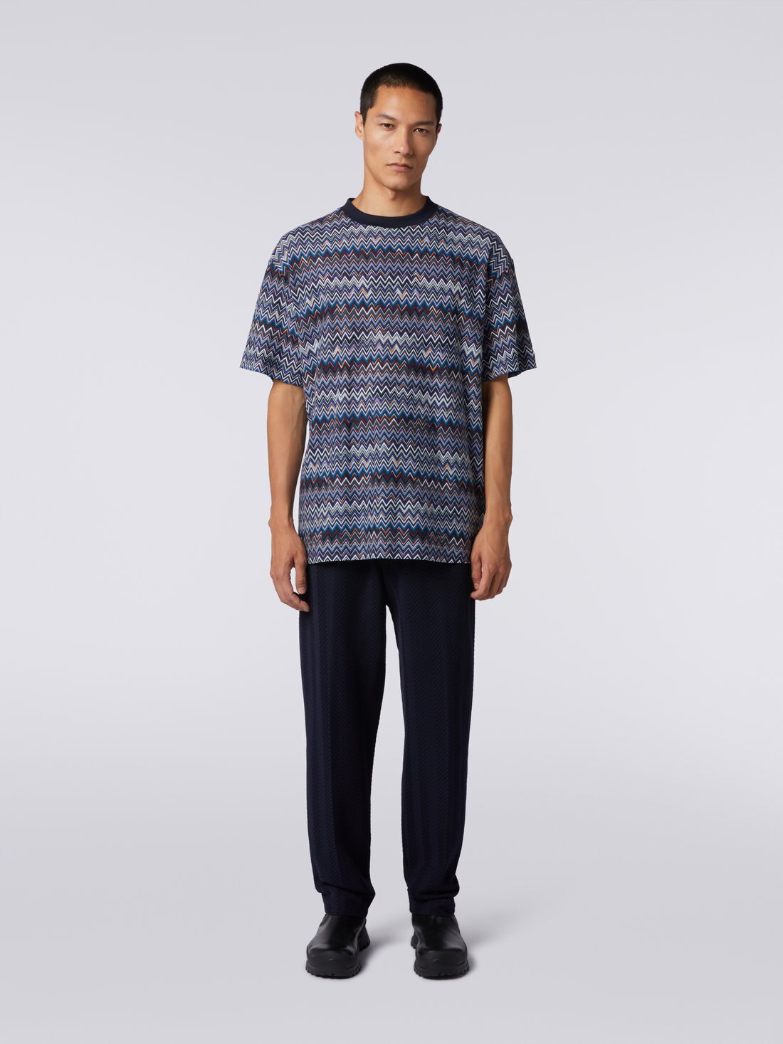 Cotton and viscose chevron crew-neck T-shirt, Navy Blue  - US23WL00BR00OUSM8Y1 - 1