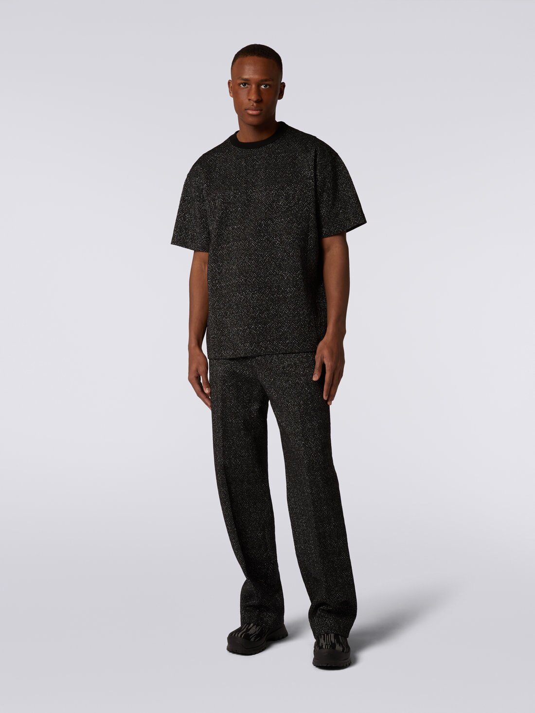 Fit-over T-shirt in zigzag wool blend with lurex, Black    - US23WL04BT0062S91GK - 1