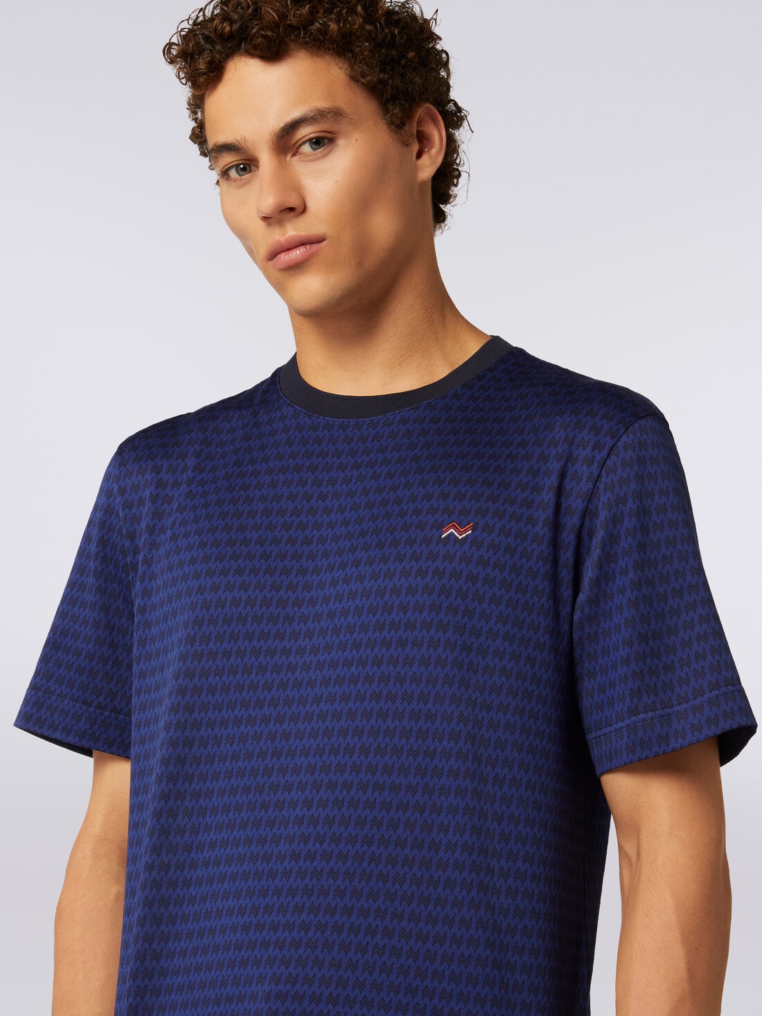 T-shirt à col rond en coton avec broderies, Bleu - US23WL0DBJ00HLS72CX - 4