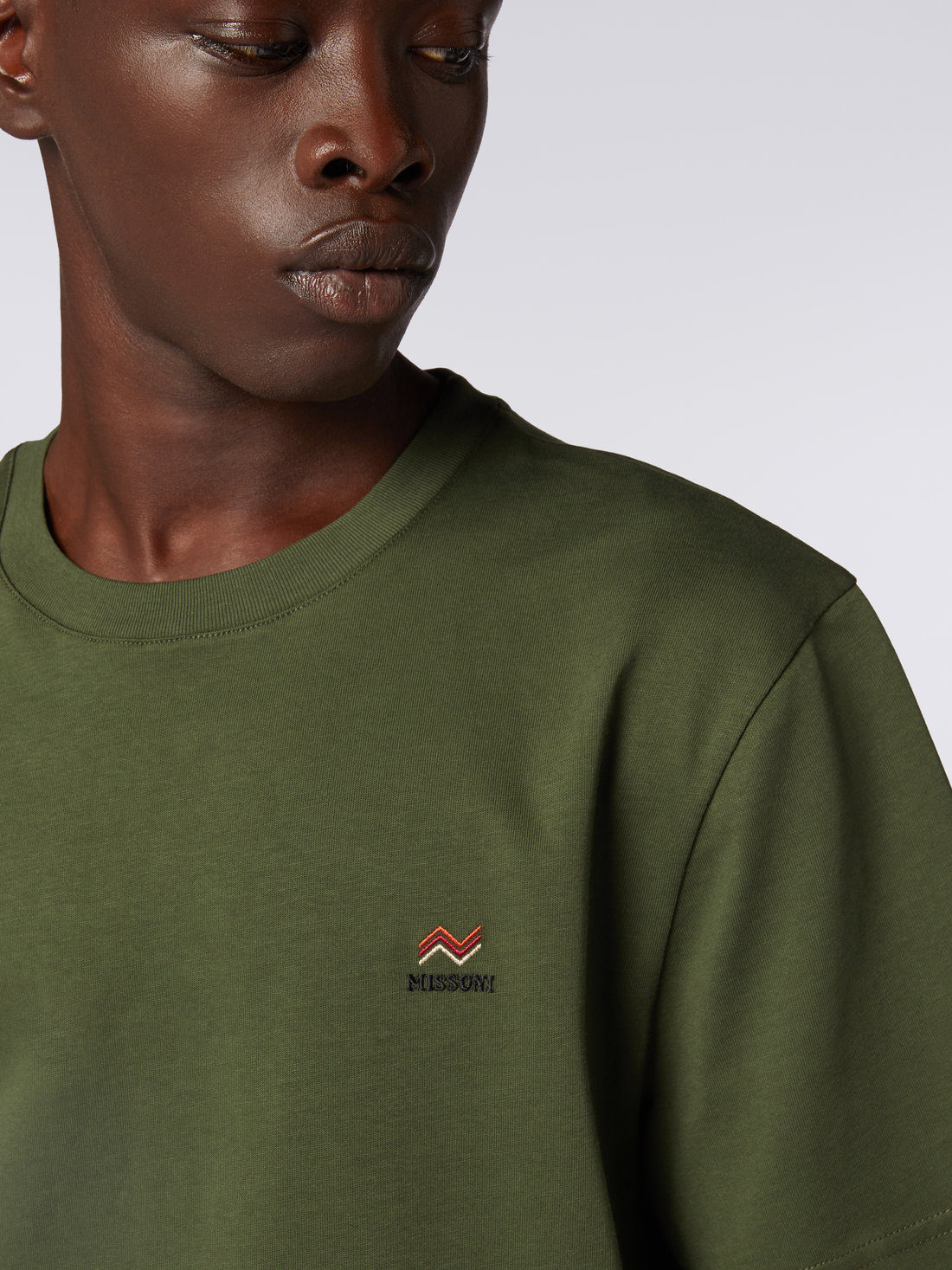 Crew neck cotton T shirt with embroidery and logo Green Missoni