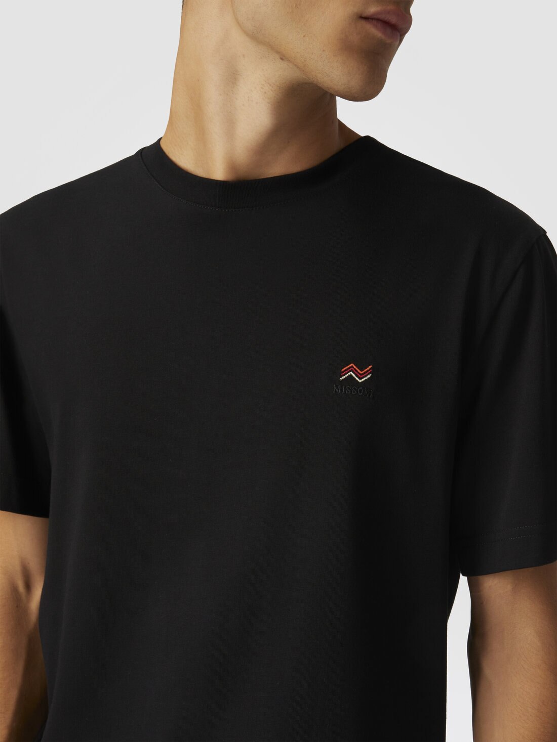 Crew-neck cotton T-shirt with embroidery and logo Black | Missoni