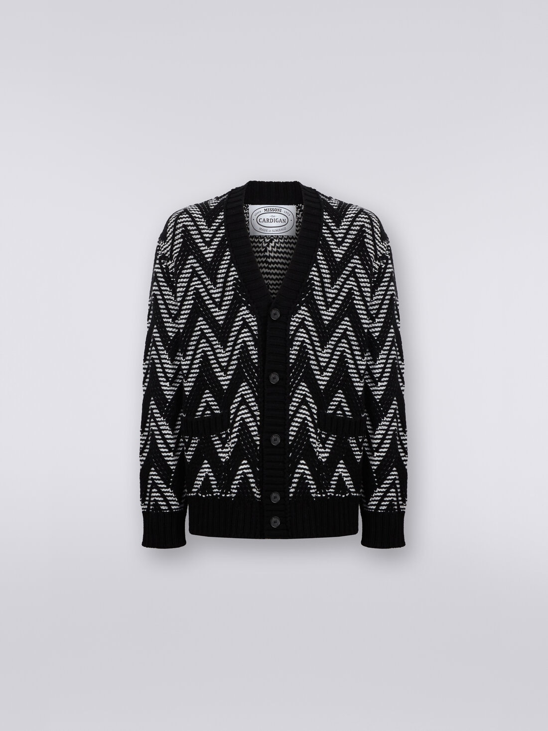 Wool cardigan with two-tone zigzag, Black & White - US23WM06BK026HS91GM - 0