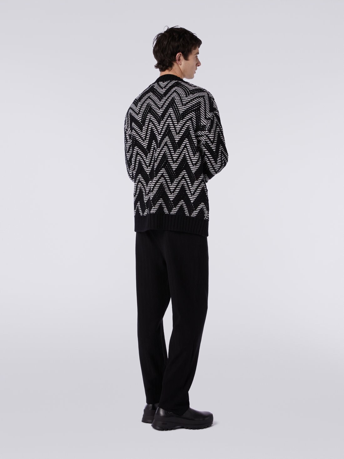 Wool cardigan with two-tone zigzag, Black & White - 3
