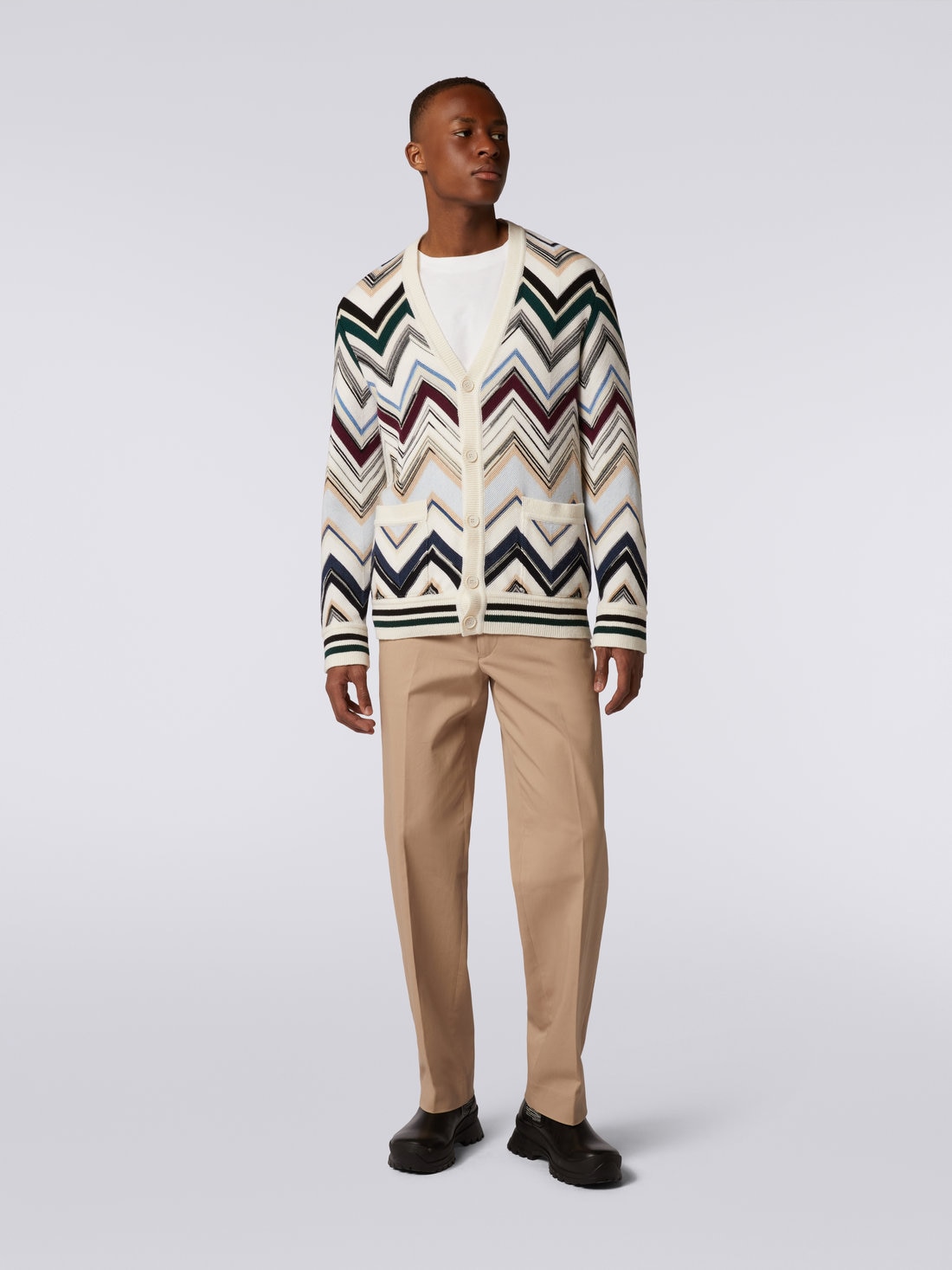 Zigzag wool and cotton knit cardigan, Multicoloured  - US23WM0EBC003FSM8WS - 1
