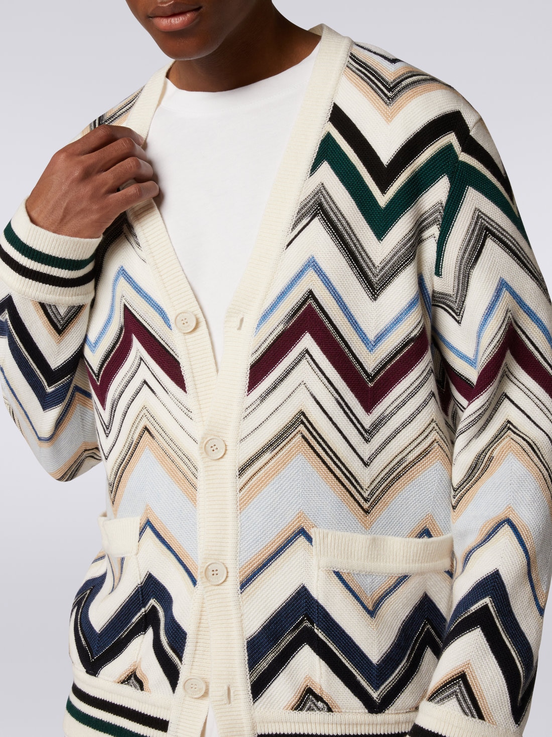 Zigzag wool and cotton knit cardigan, Multicoloured  - 4