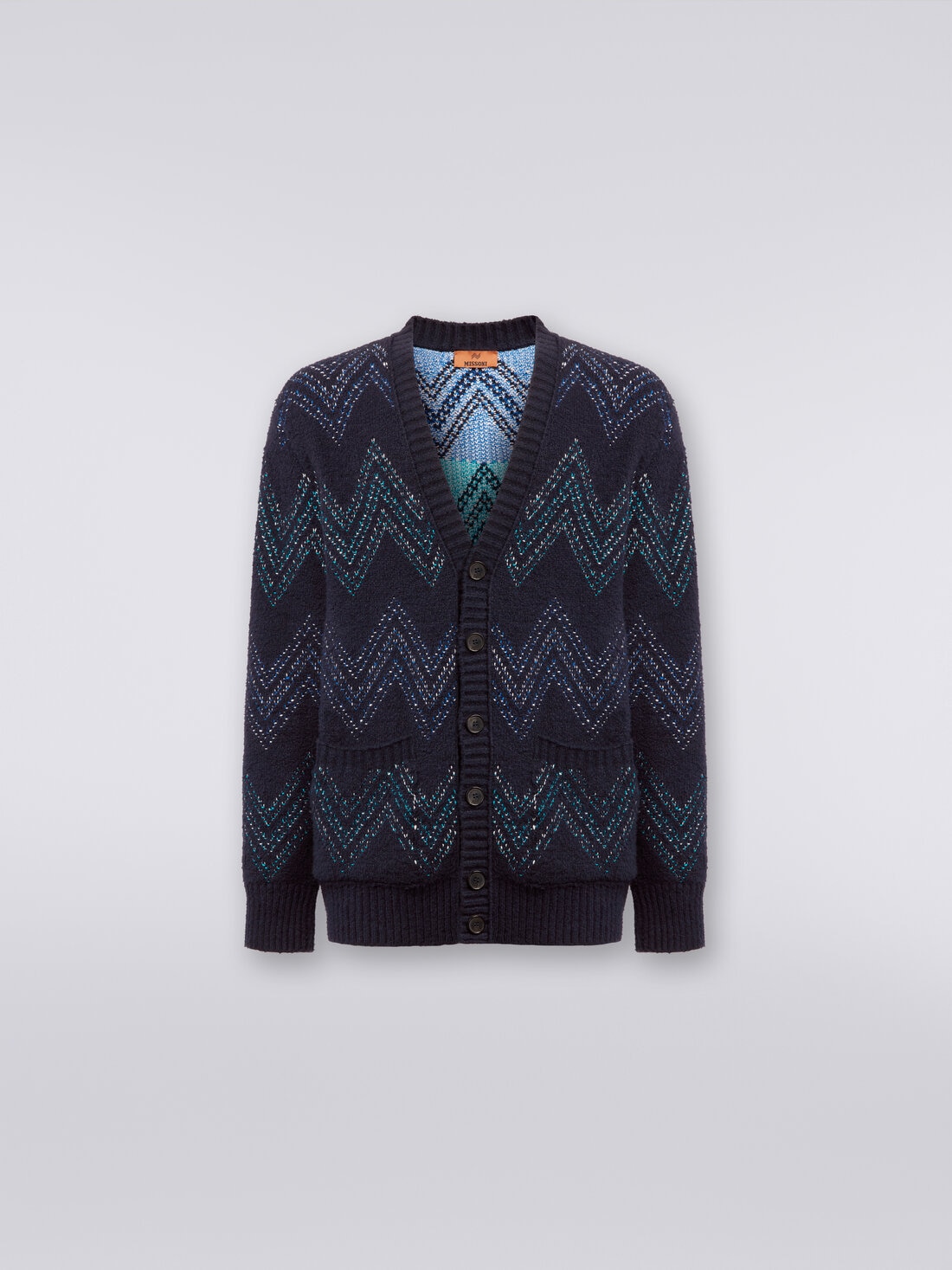 Cardigan avec encolure en V en coton mélangé à zig zag, Bleu Marine  - US23WM0JBK029KS72FN - 0