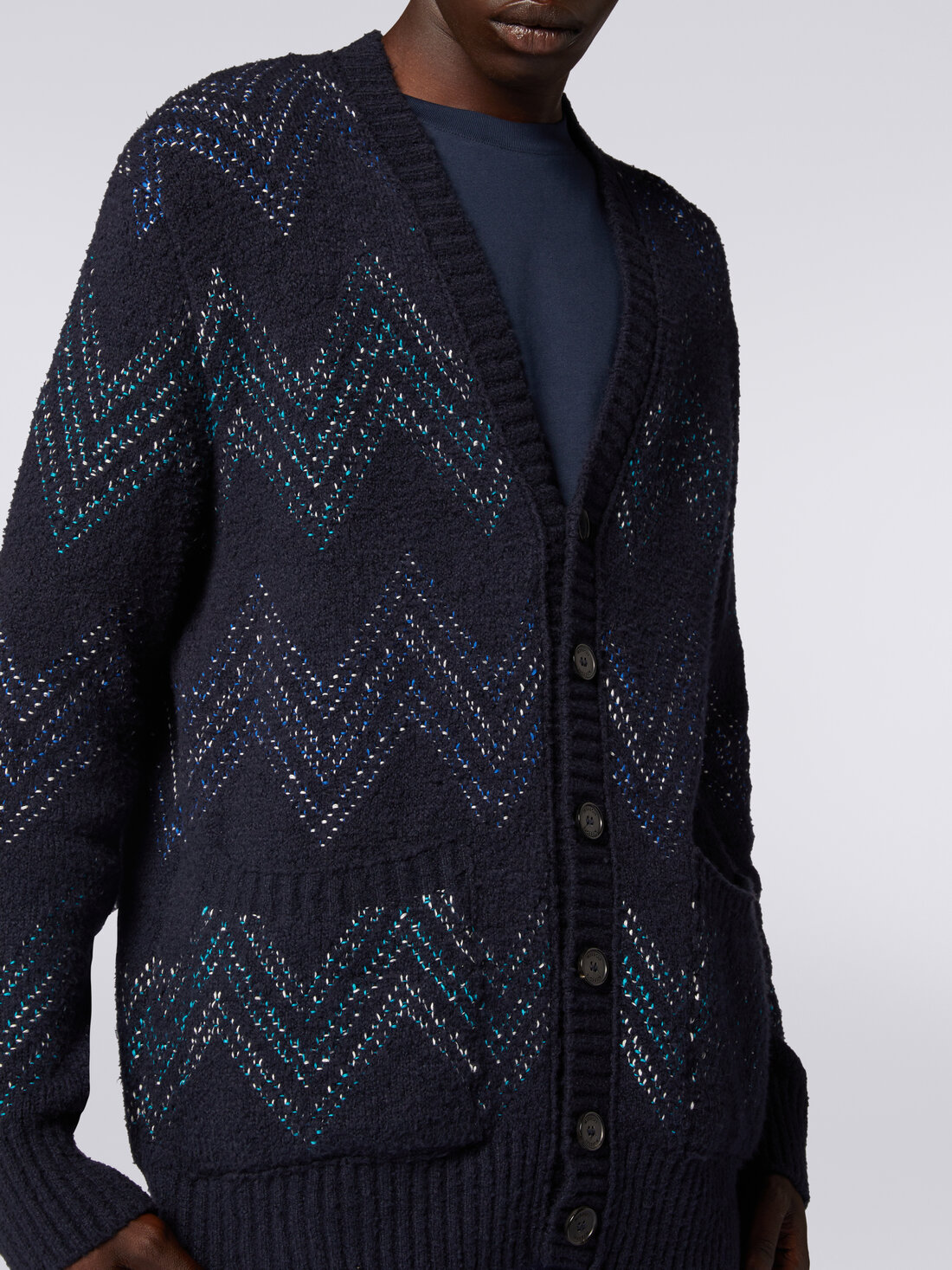 Cardigan avec encolure en V en coton mélangé à zig zag, Bleu Marine  - US23WM0JBK029KS72FN - 4