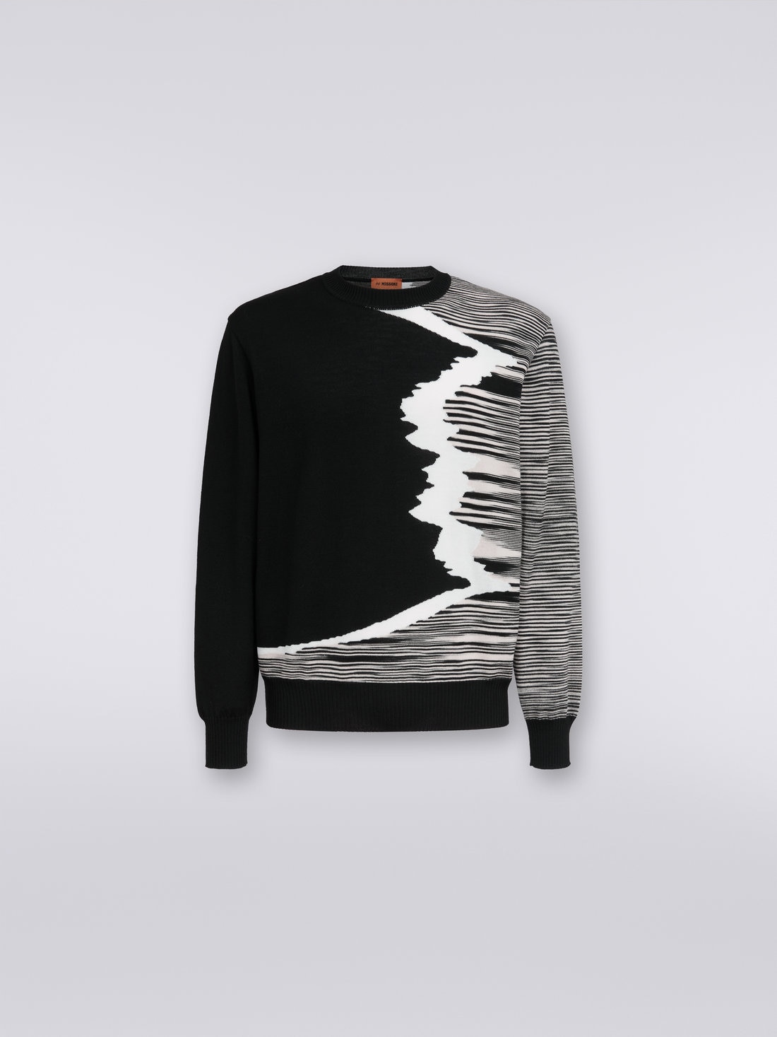 Wool crew-neck jumper with inlay details , Black & White - 0