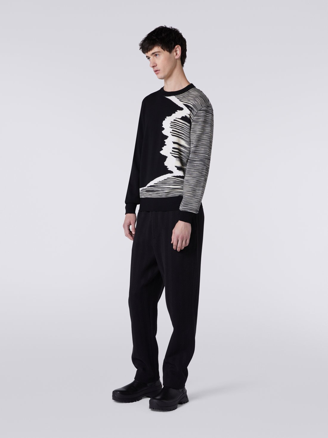 Maglione girocollo in lana con lavorazione a intarsio, Bianco & Nero - 8051575930249 - 2