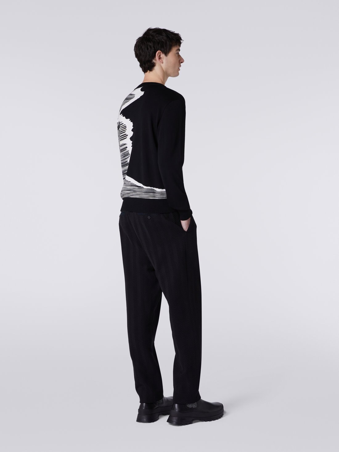Wool crew-neck jumper with inlay details , Black & White - US23WN07BK025QF9001 - 3