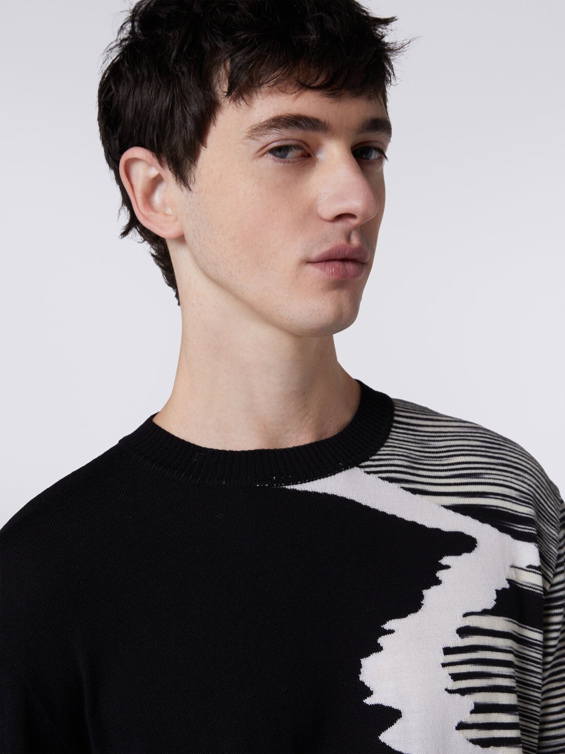 Wool crew-neck jumper with inlay details , Black & White - 4