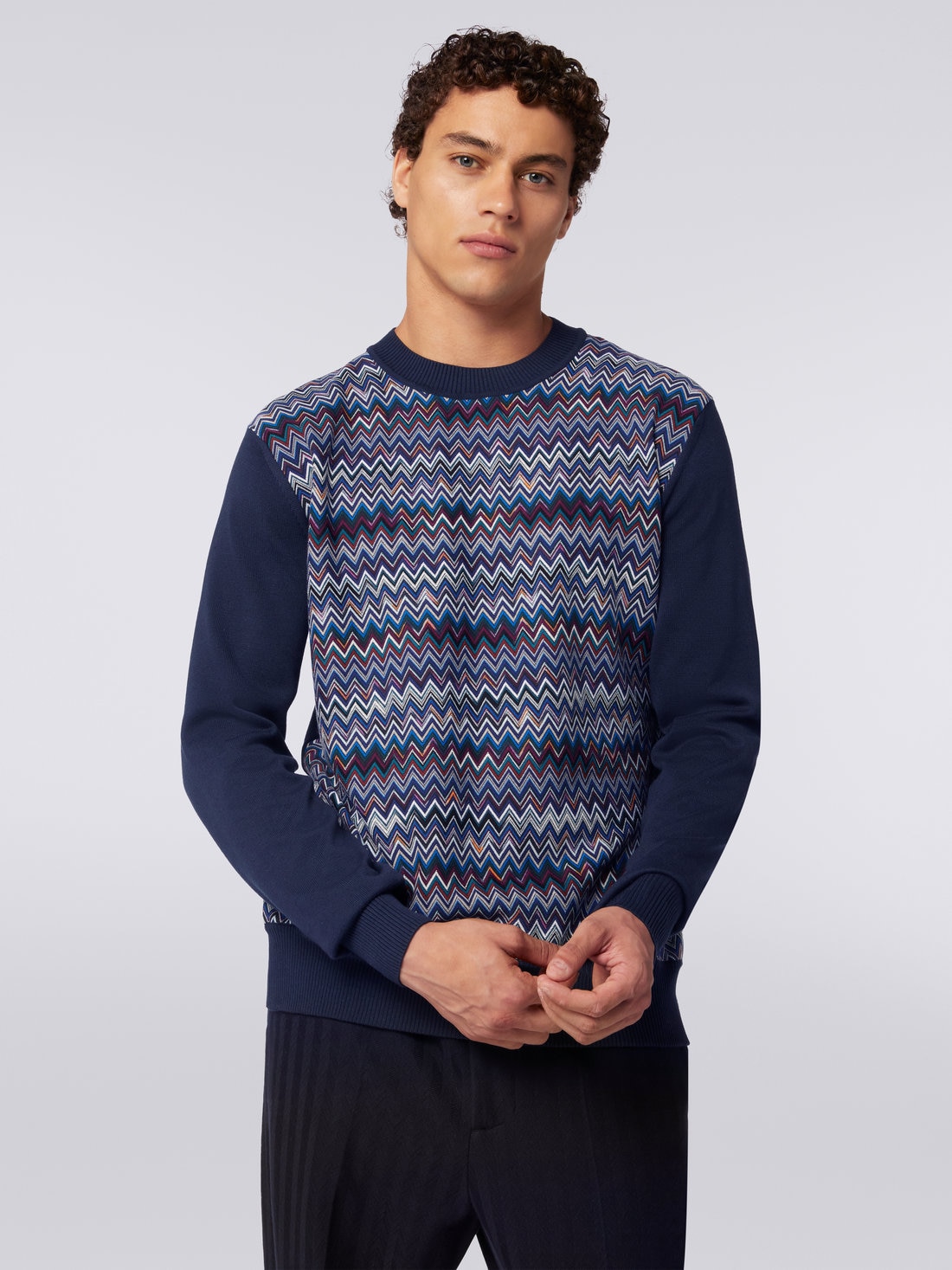 Cotton, silk and viscose chevron crew-neck pullover, Navy Blue  - US23WN0MBK026MSM8Y1 - 4