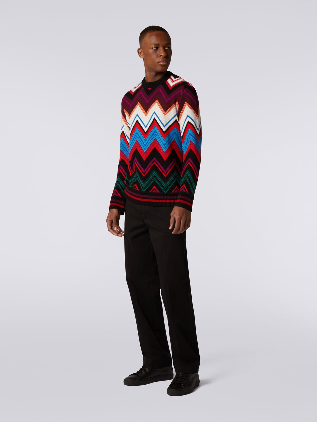 Pullover girocollo in lana e cotone con zig zag, Multicolore  - US23WN0NBC003FSM8WR - 2