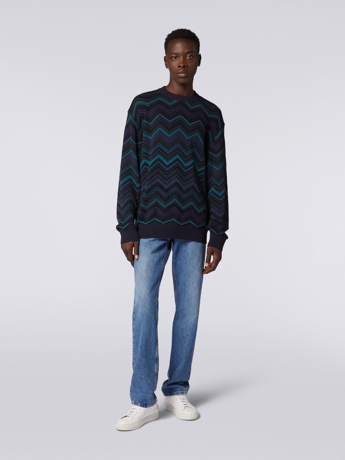 Jersey de cuello redondo en mezcla de algodón con motivo de espigas, Multicolor  - US23WN0OBK026NSM8YP - 1