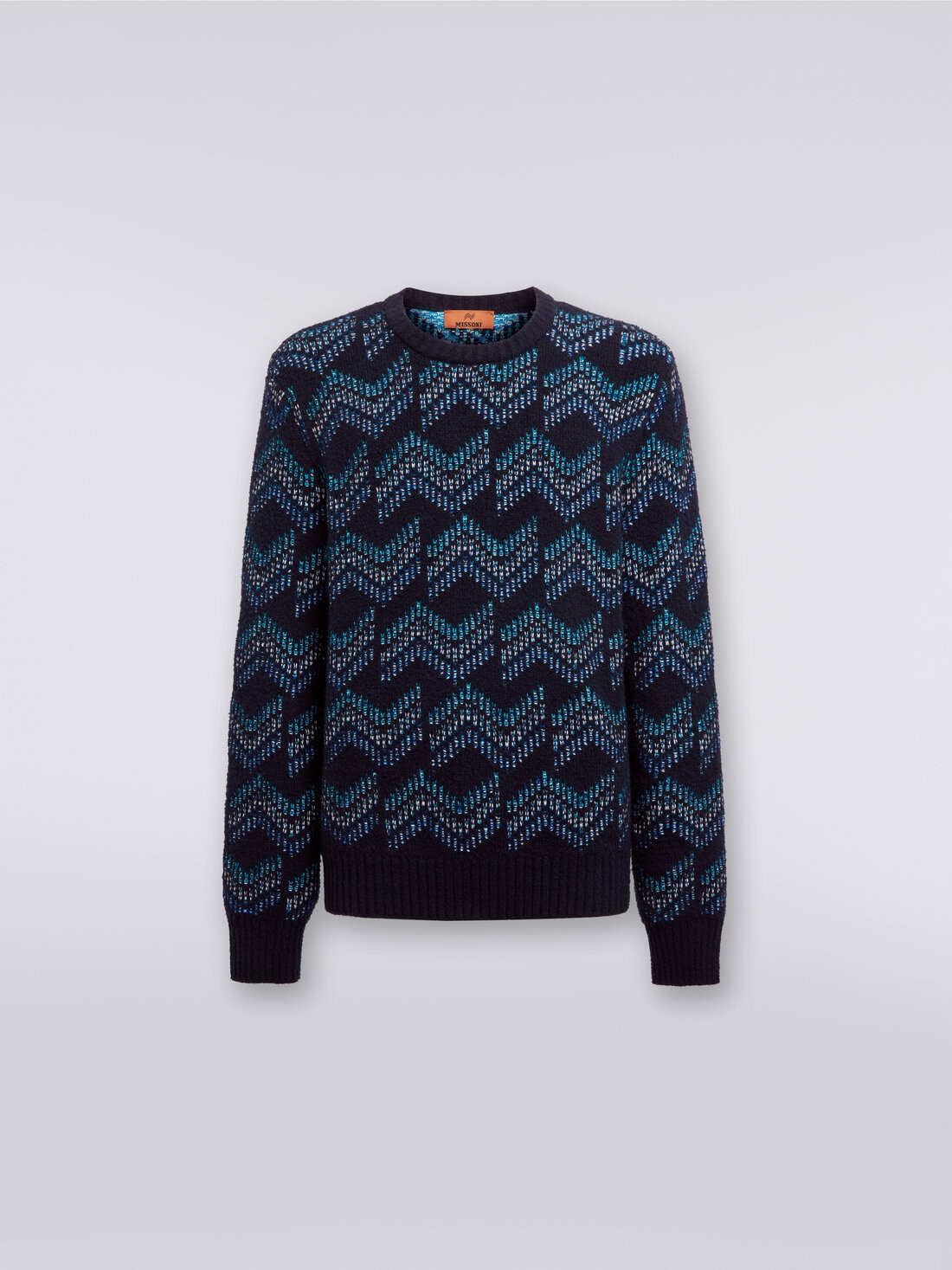 Cotton blend crew-neck sweater with zigzag pattern, White & Blue - US23WN0SBK029JSM95S - 0