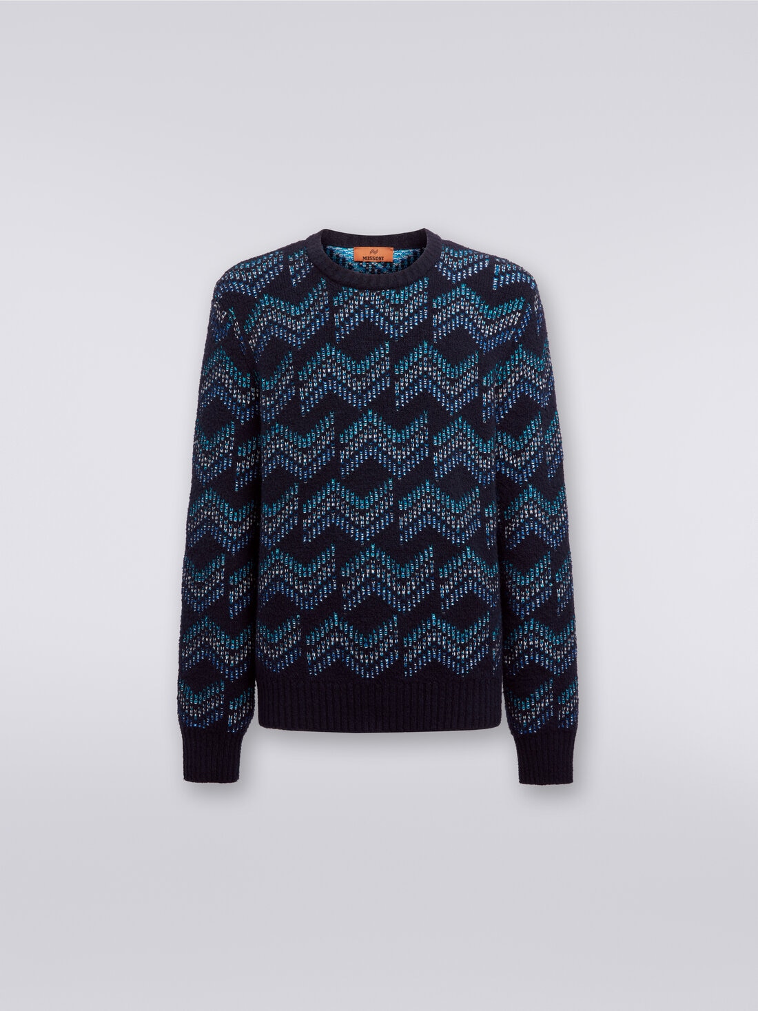 Pullover girocollo in misto cotone motivo zig zag, Bianco & Blu - US23WN0SBK029JSM95S - 0