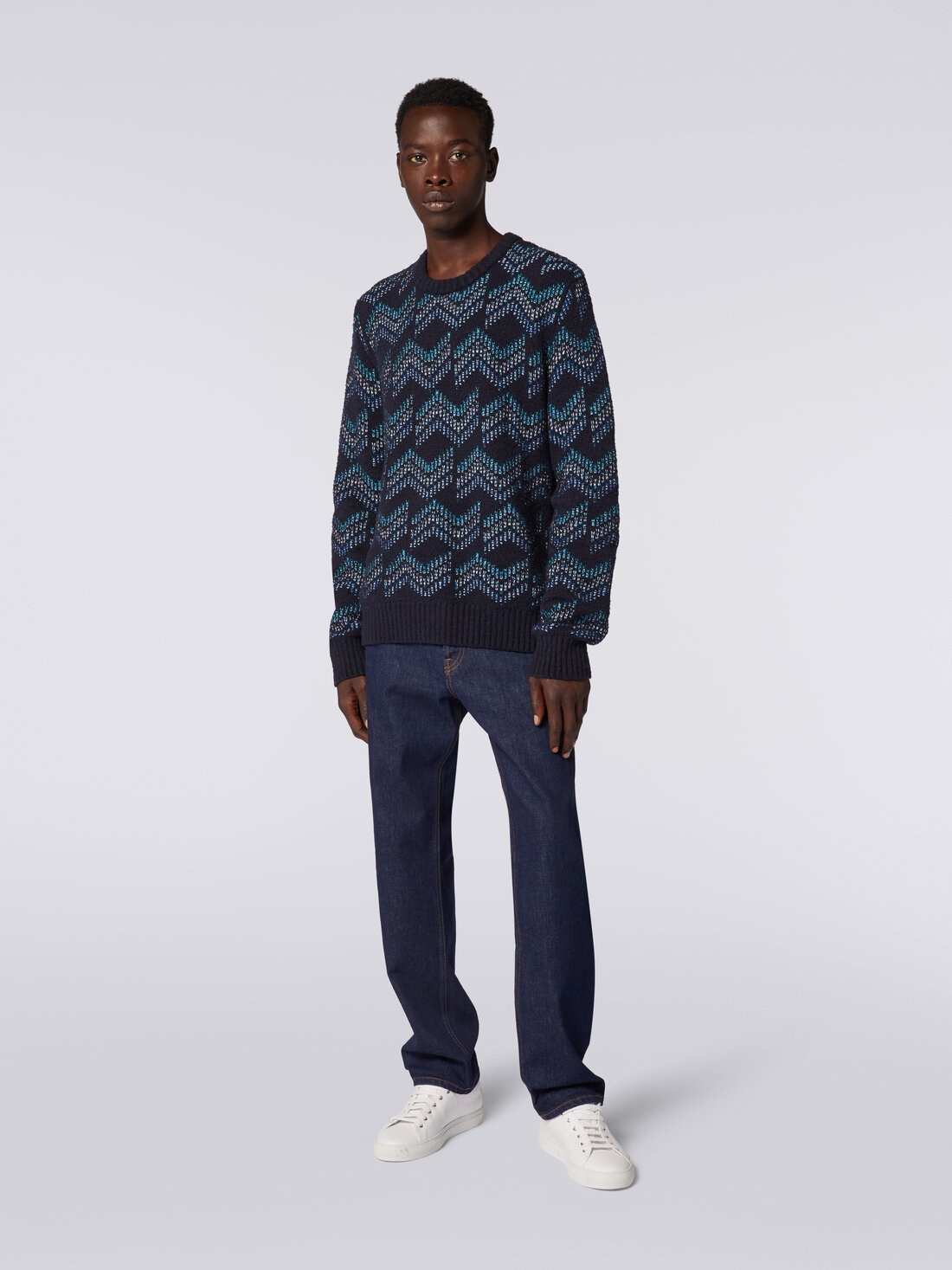 Cotton blend crew-neck sweater with zigzag pattern, White & Blue - US23WN0SBK029JSM95S - 1