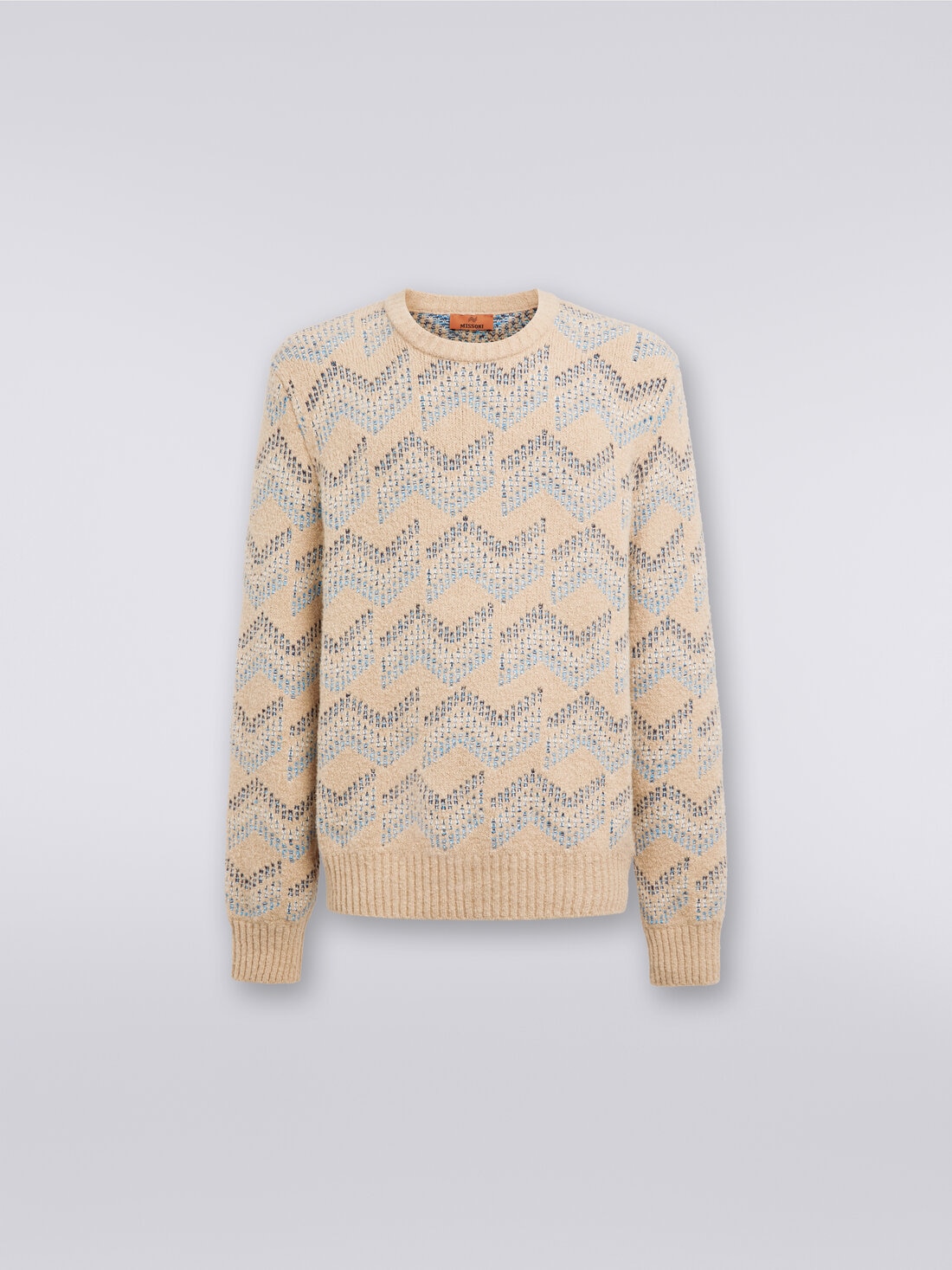 Cotton blend crew-neck sweater with zigzag pattern, Beige - US23WN0SBK029JSM95T - 0