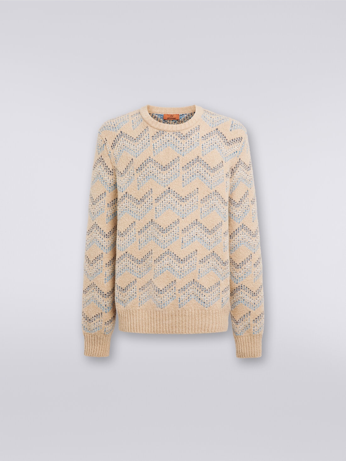 Pull à col ras du cou en coton mélangé à motif zig zag, Beige - US23WN0SBK029JSM95T - 0