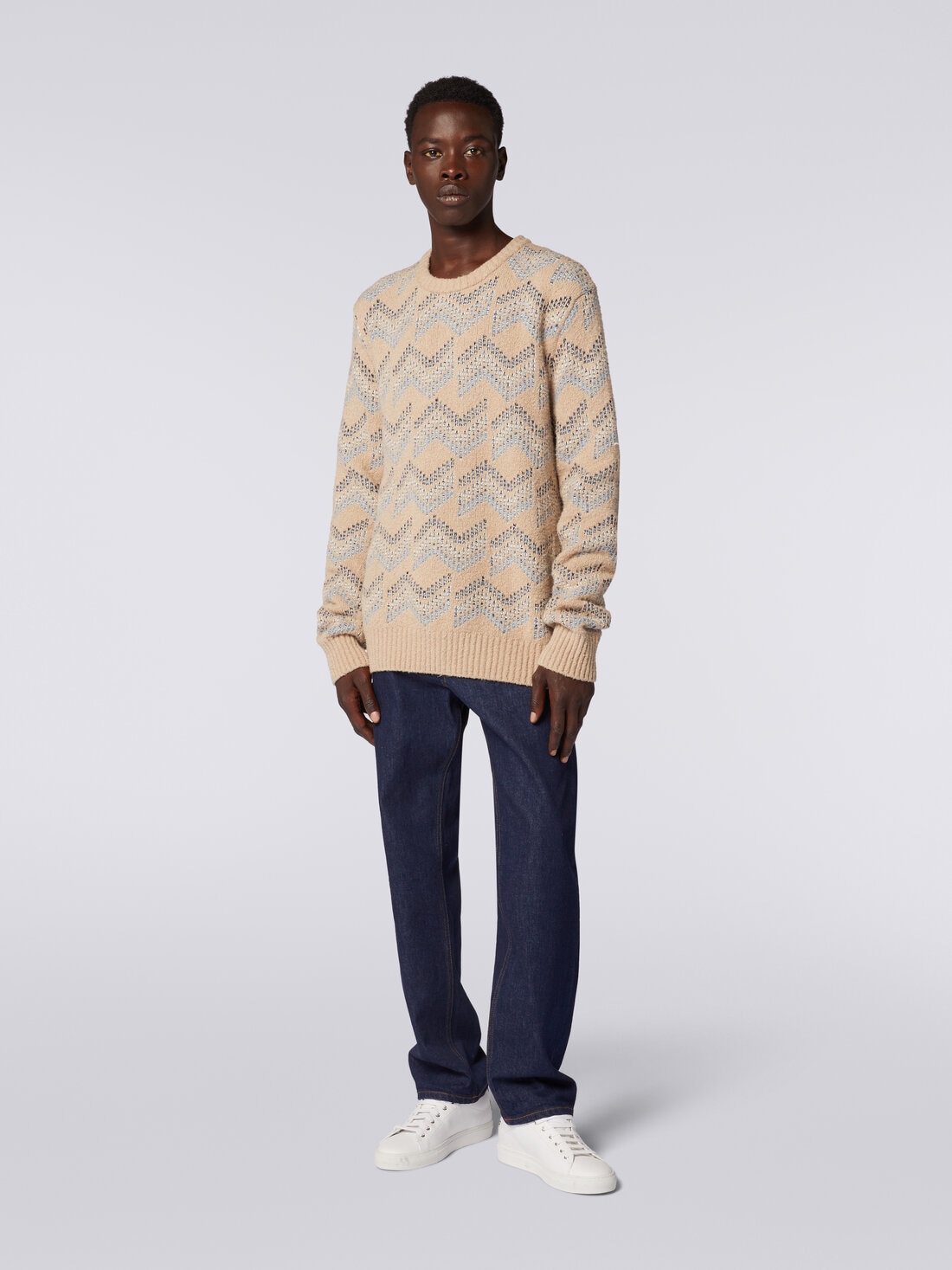 Cotton blend crew-neck sweater with zigzag pattern, Beige - US23WN0SBK029JSM95T - 1