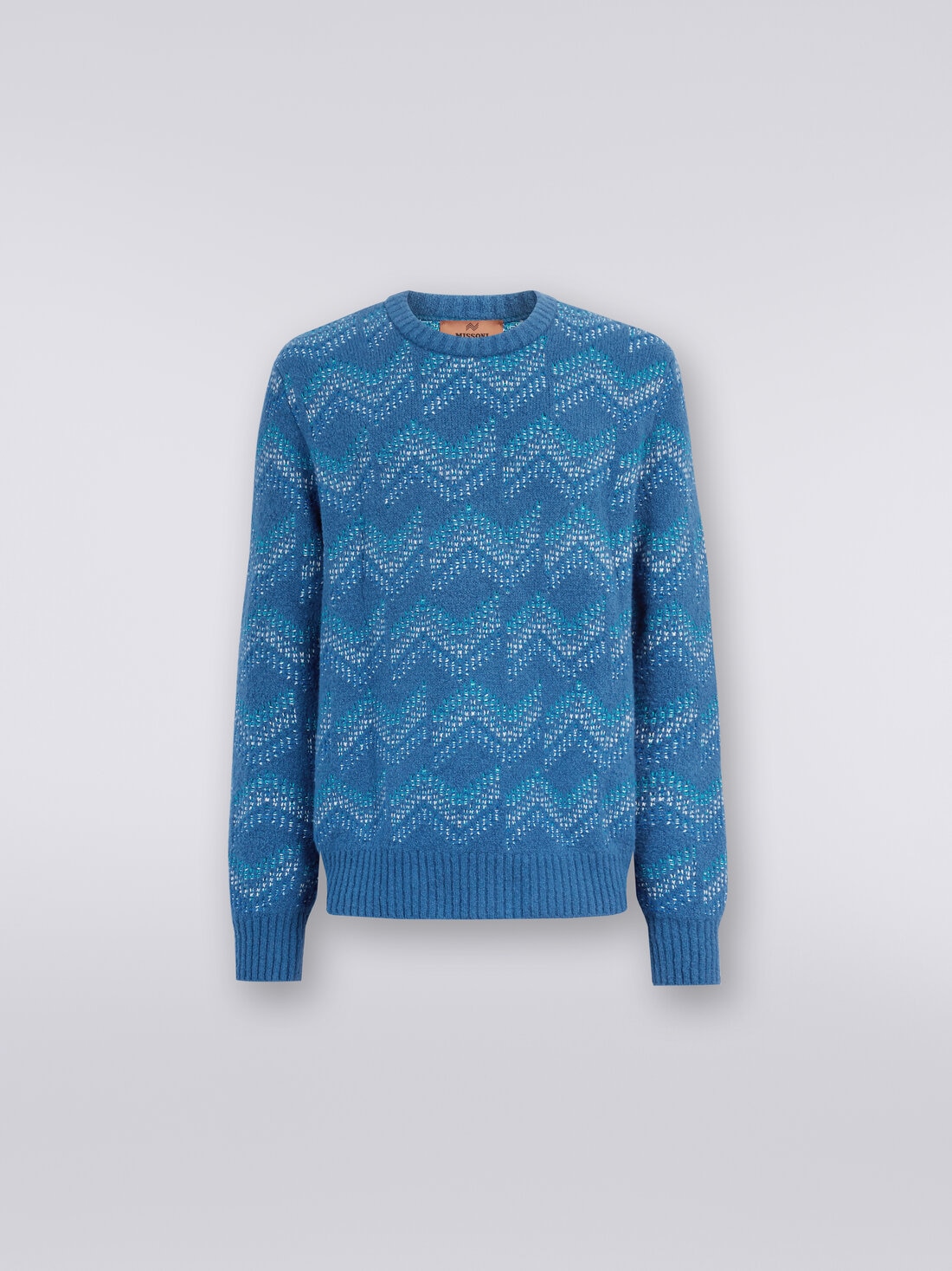 Cotton blend crew-neck sweater with zigzag pattern, White & Navy Blue - US23WN0SBK029JSM96C - 0