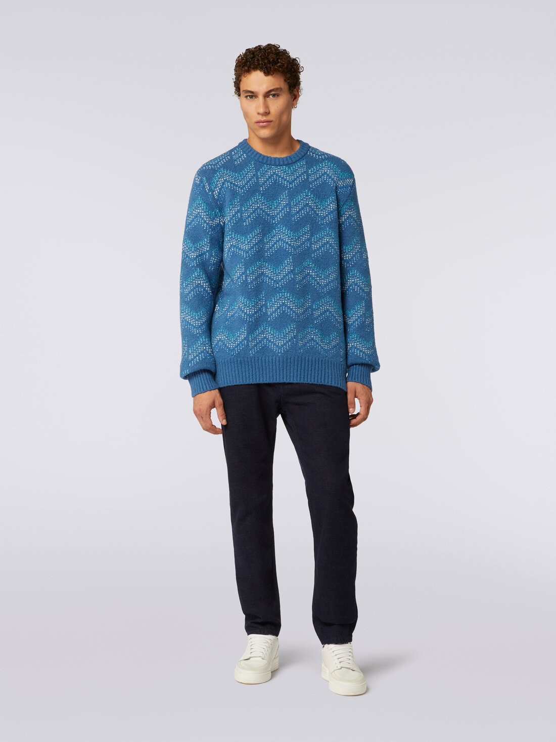 Cotton blend crew-neck sweater with zigzag pattern, White & Navy Blue - US23WN0SBK029JSM96C - 1
