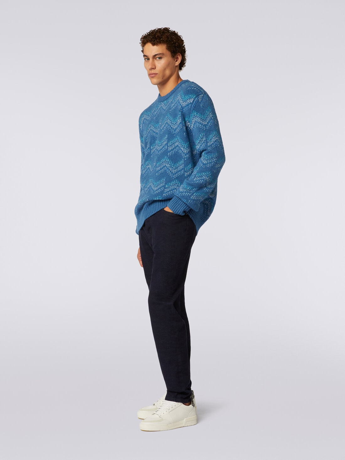 Cotton blend crew-neck sweater with zigzag pattern, White & Navy Blue - US23WN0SBK029JSM96C - 2