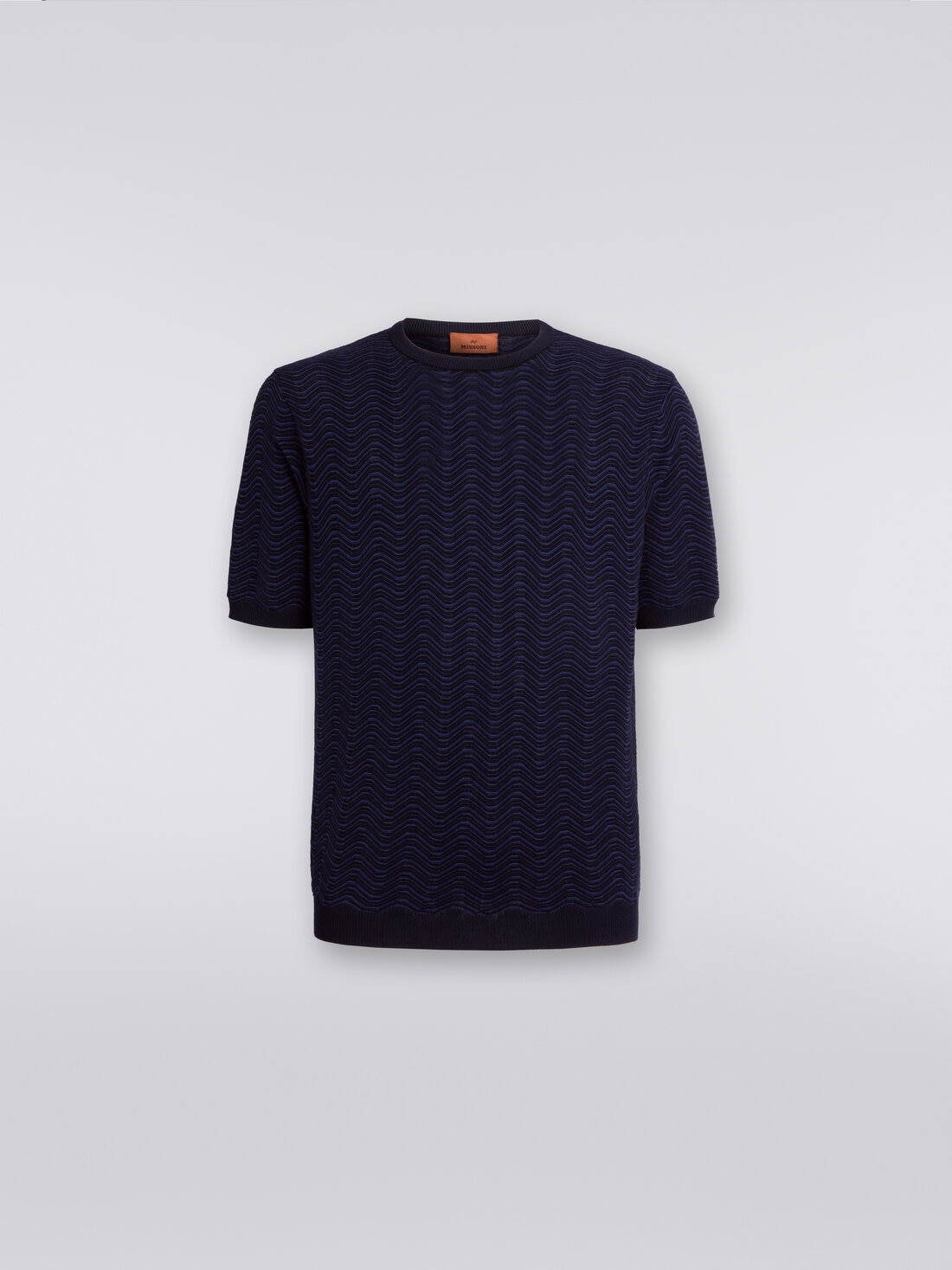 Wool and viscose crew-neck T-shirt with wave pattern, Blue - US23WN0ZBK035LS72FO - 0