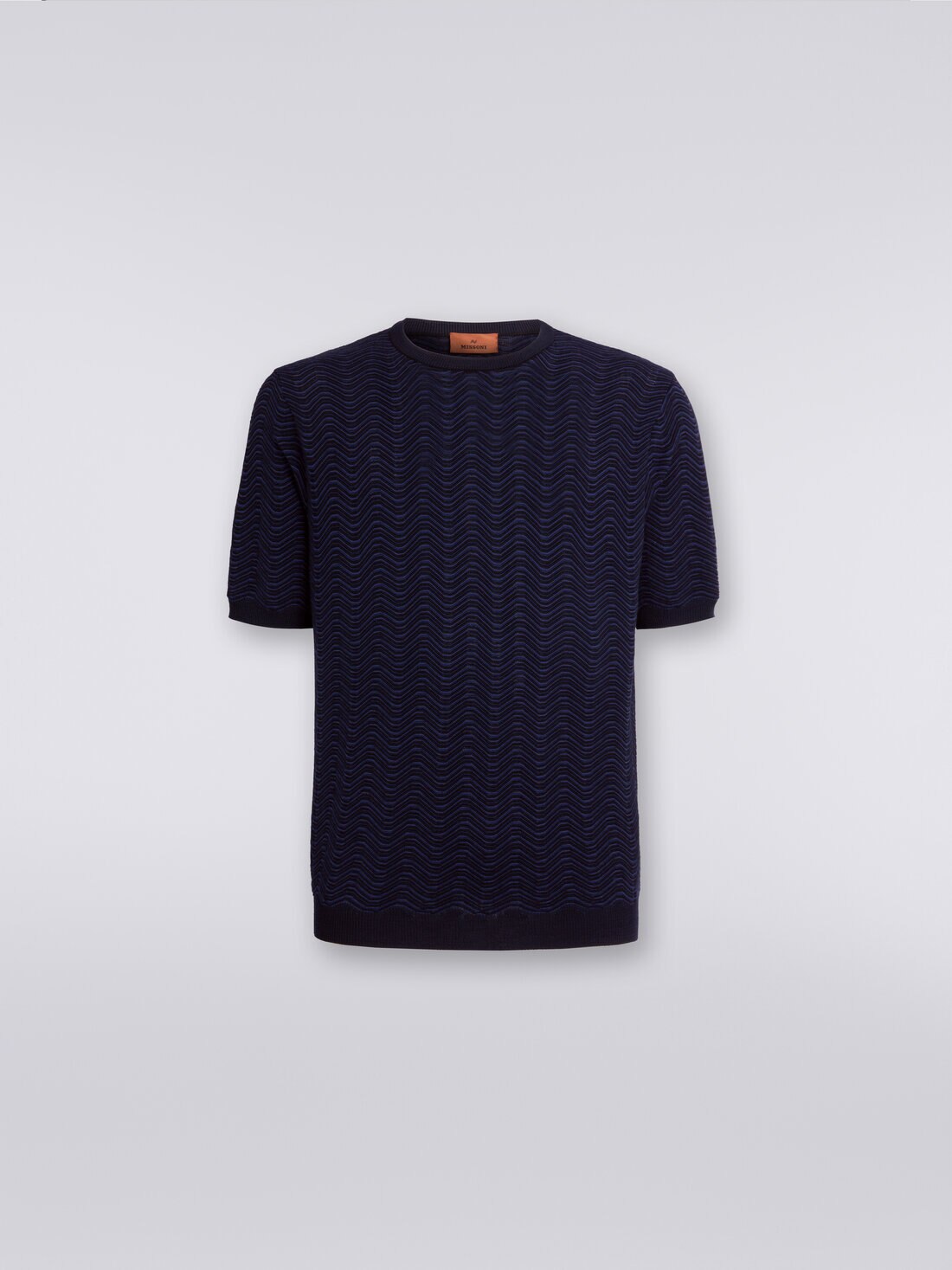 T-shirt à col rond en laine et viscose avec motif ondulé, Bleu - US23WN0ZBK035LS72FO - 0