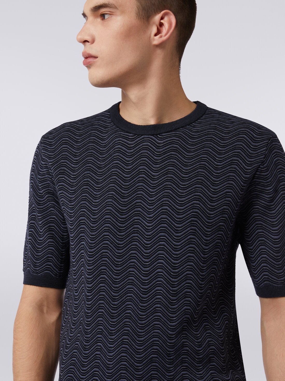 Wool and viscose crew-neck T-shirt with wave pattern, White, Black & Beige - US23WN0ZBK035LS91JH - 4