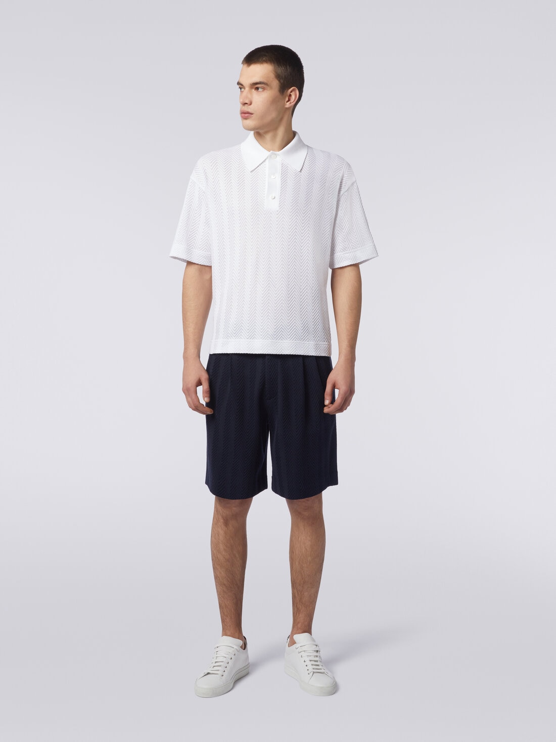 Short-sleeved polo shirt in chevron viscose and cotton, White  - US24S203BR00JC10601 - 1