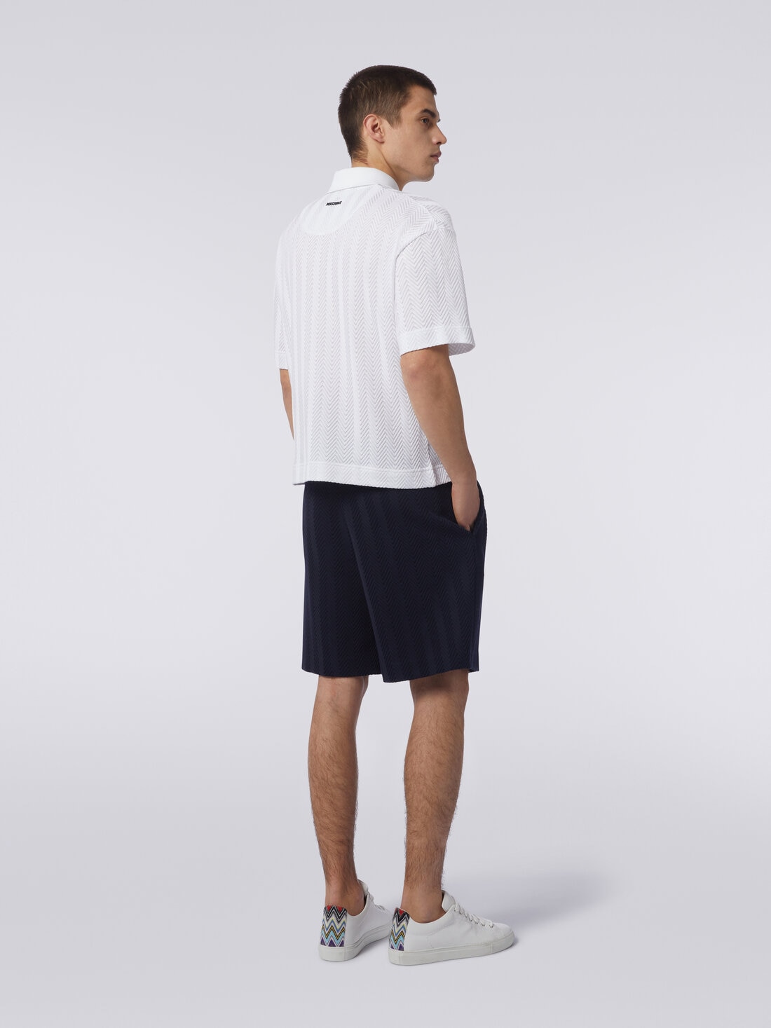 Short-sleeved polo shirt in chevron viscose and cotton, White  - US24S203BR00JC10601 - 3