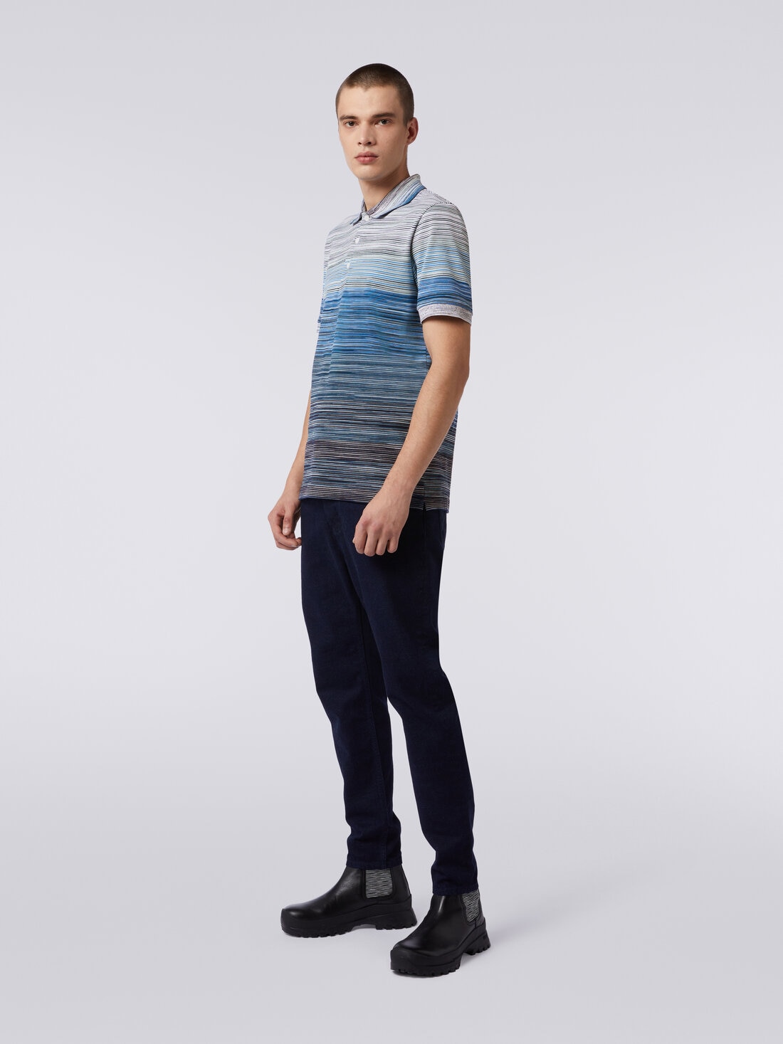 Kurzärmeliges Poloshirt aus Baumwollpiqué in Flammgarnoptik, Mehrfarbig  - US24S20GBJ0014S72EQ - 2