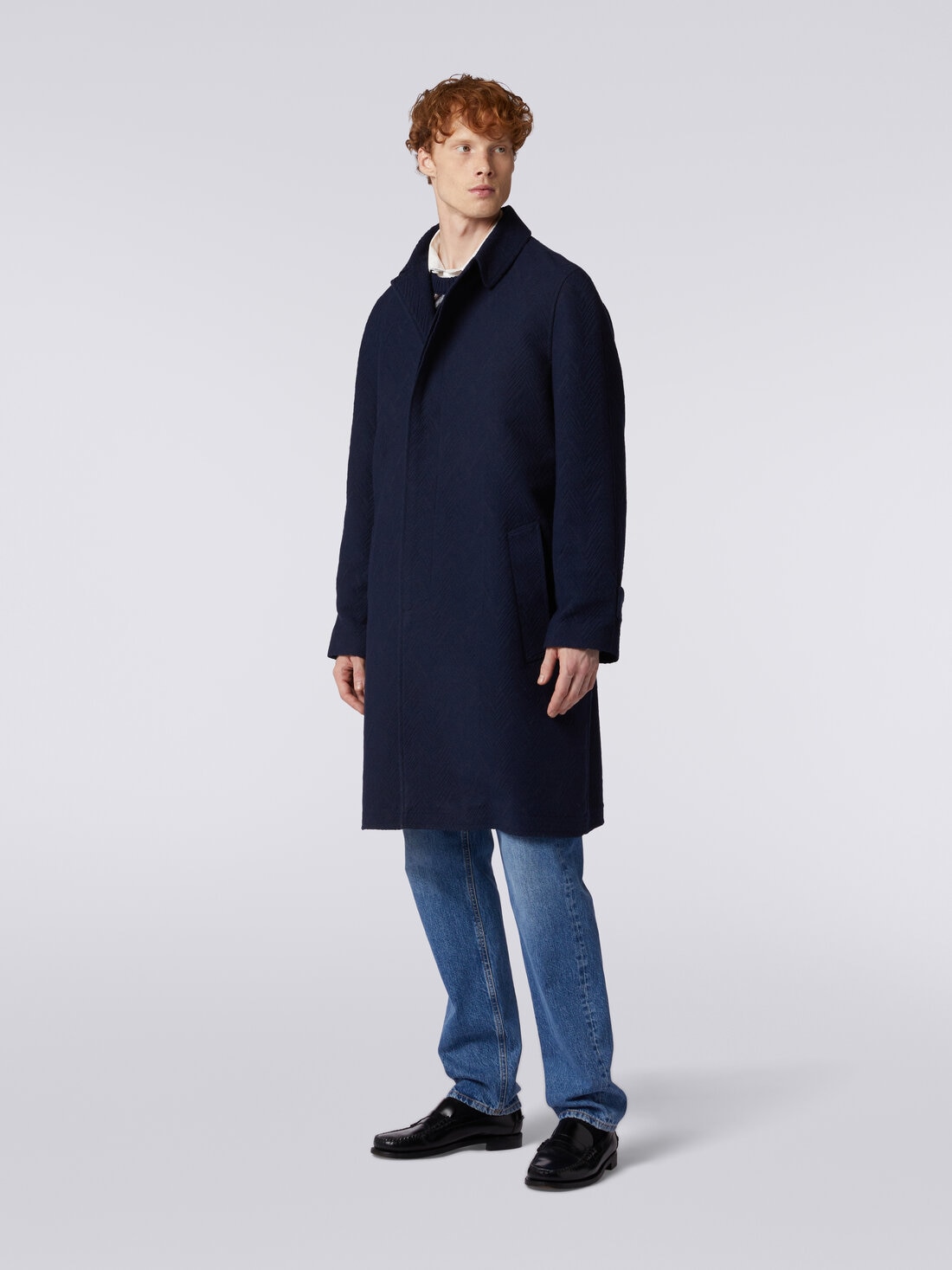 Manteau en laine mélangée jacquard avec motif à zig zag, Bleu Foncé - US24SC07BW00R493924 - 2