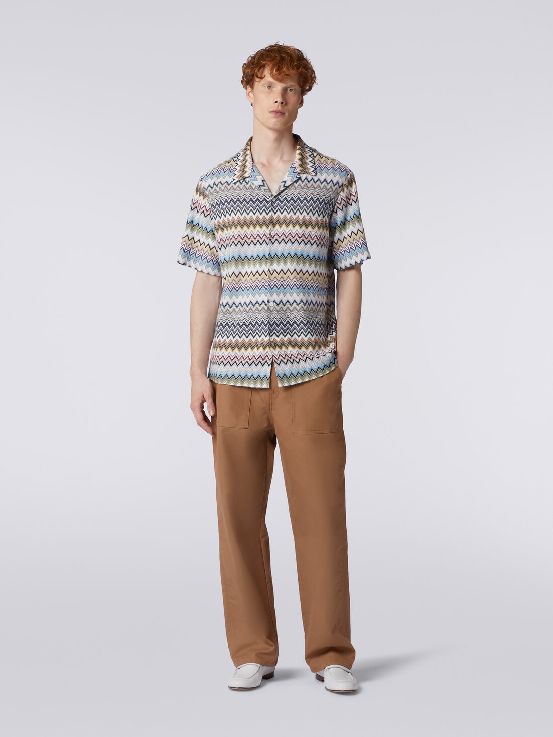 Short-sleeved bowling shirt in zigzag cotton, Multicoloured  - US24SJ09BR00TJSM96K - 1