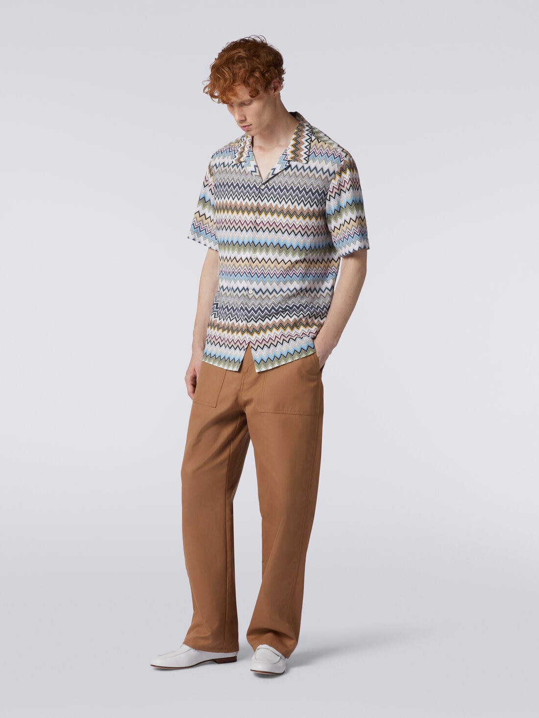 Short-sleeved bowling shirt in zigzag cotton, Multicoloured  - US24SJ09BR00TJSM96K - 2