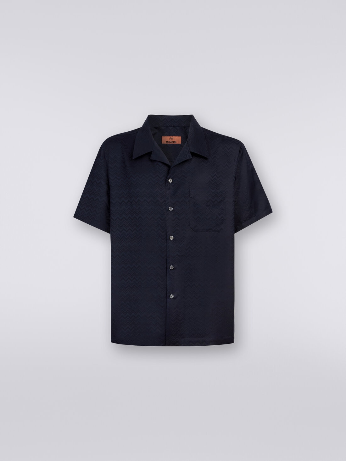 Short-sleeved chevron cotton blend bowling shirt, Dark Blue - US24SJ09BW00RT93924 - 0