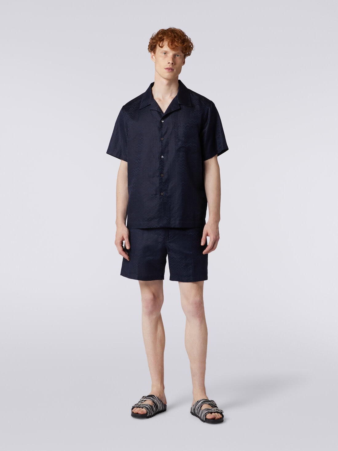 Short-sleeved chevron cotton blend bowling shirt, Dark Blue - US24SJ09BW00RT93924 - 1