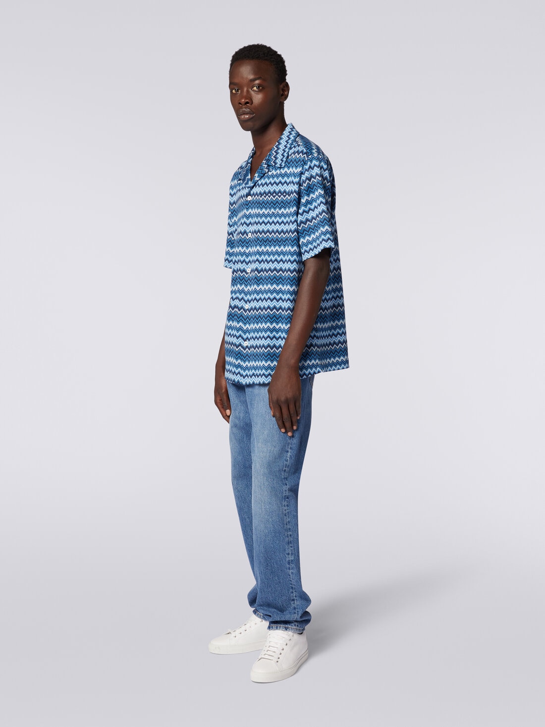 Short-sleeved shirt in zigzag jersey, Blue - US24SJ0HBJ00BFS72EM - 2