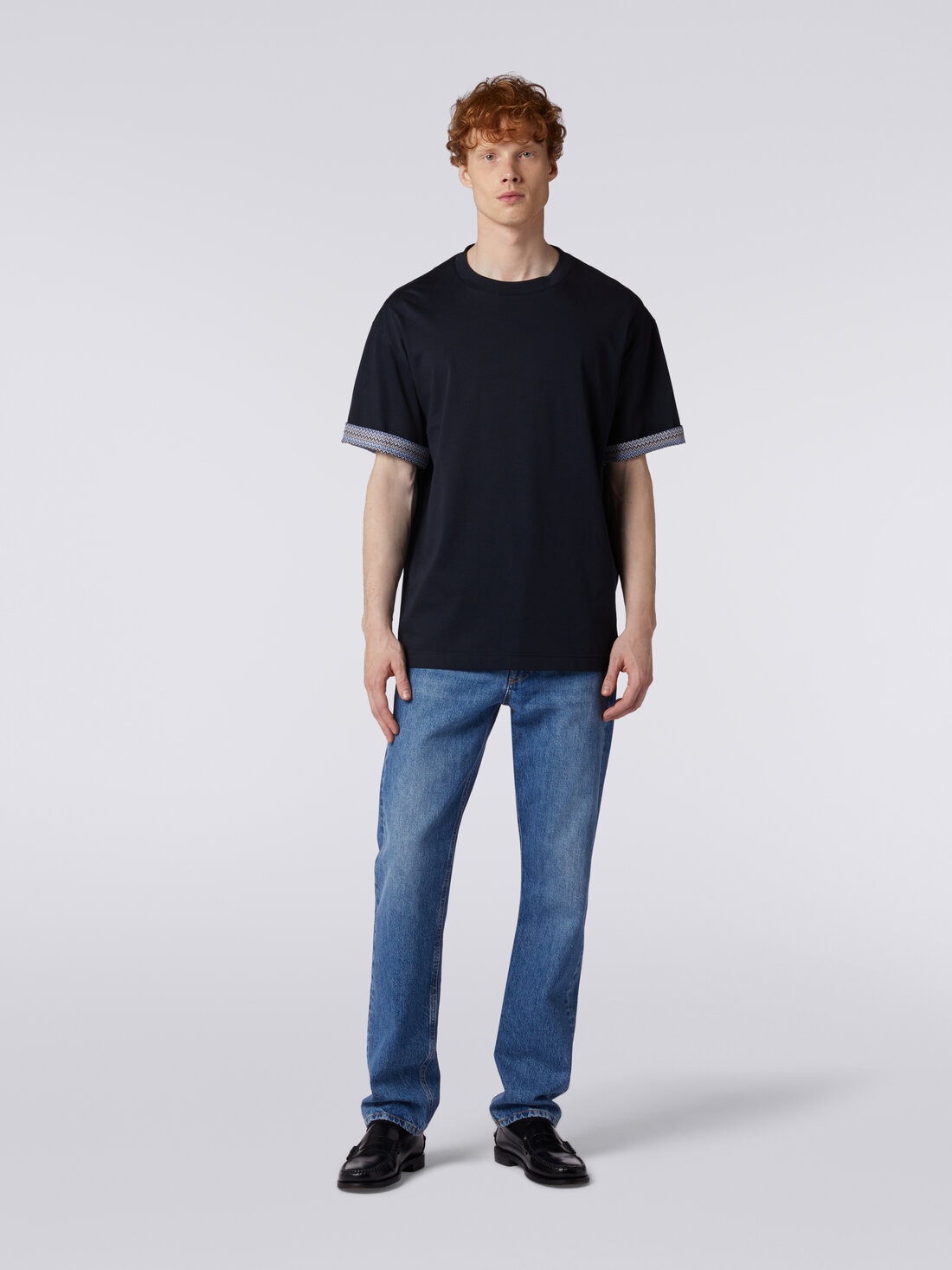 Camiseta de cuello redondo de algodón con vuelta a espigas, Azul Oscuro - US24SL06BJ00JQS72DV - 1