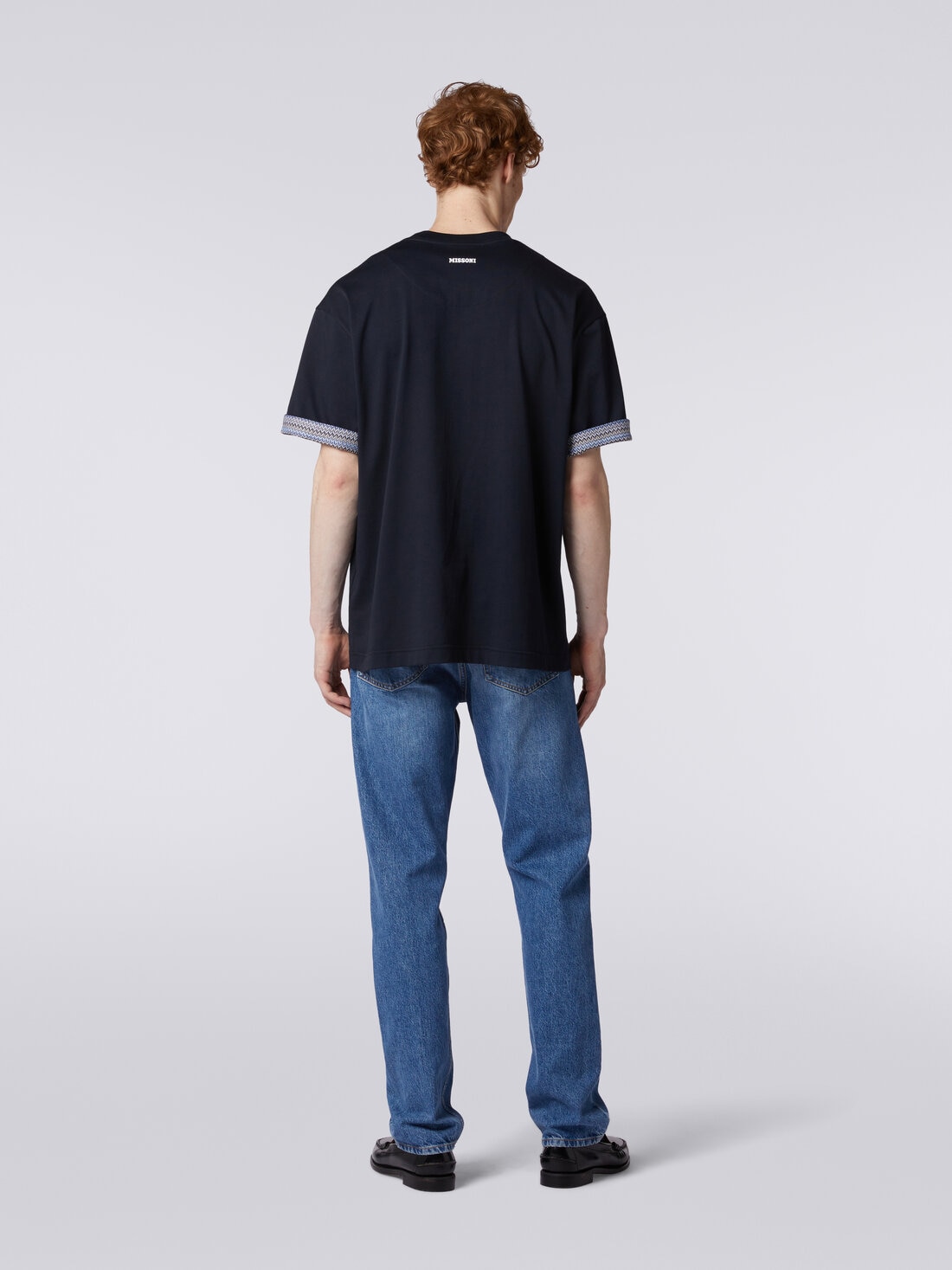 Camiseta de cuello redondo de algodón con vuelta a espigas, Azul Oscuro - US24SL06BJ00JQS72DV - 3
