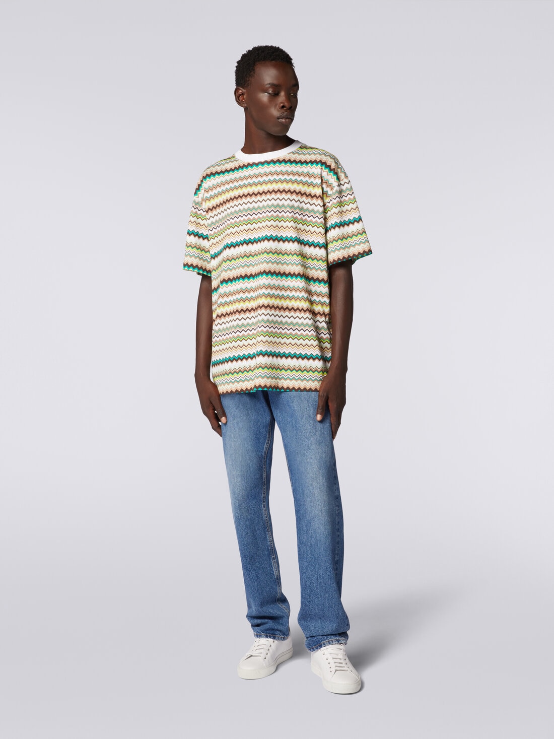 T-shirt oversize in cotone con stampa zig zag, Multicolore  - US24SL0BBJ00J0SM98S - 1