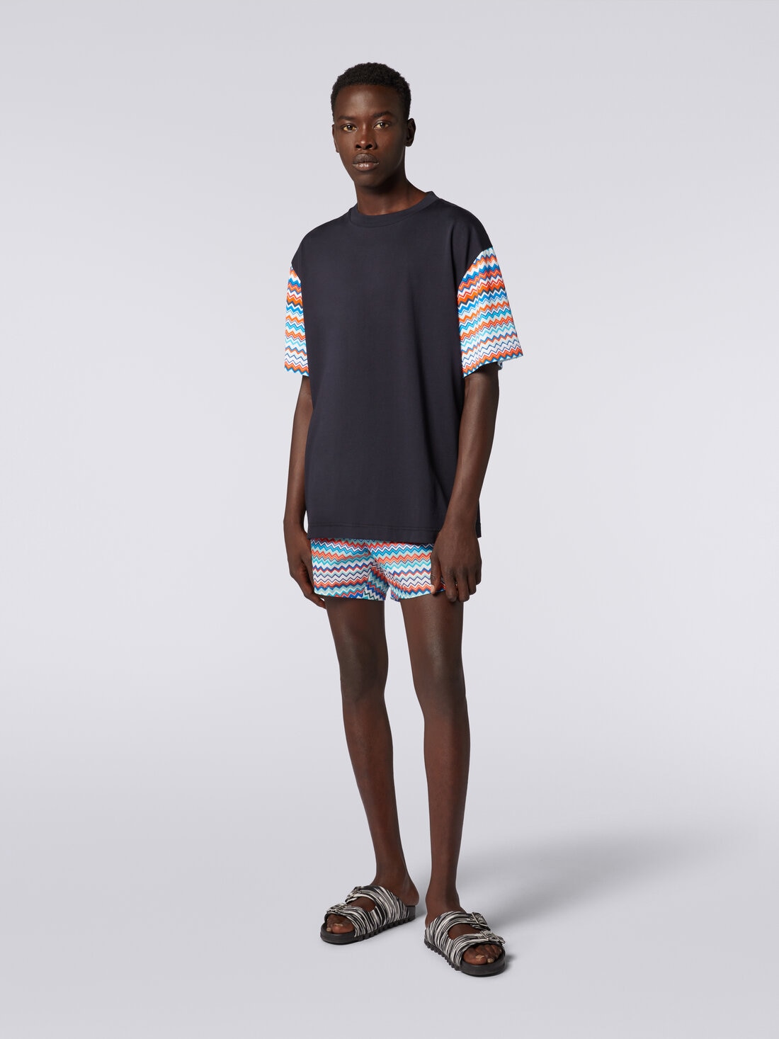 Oversized T-shirt in cotton with zigzag inserts, Multicoloured  - US24SL0BBJ00J1S72E1 - 1
