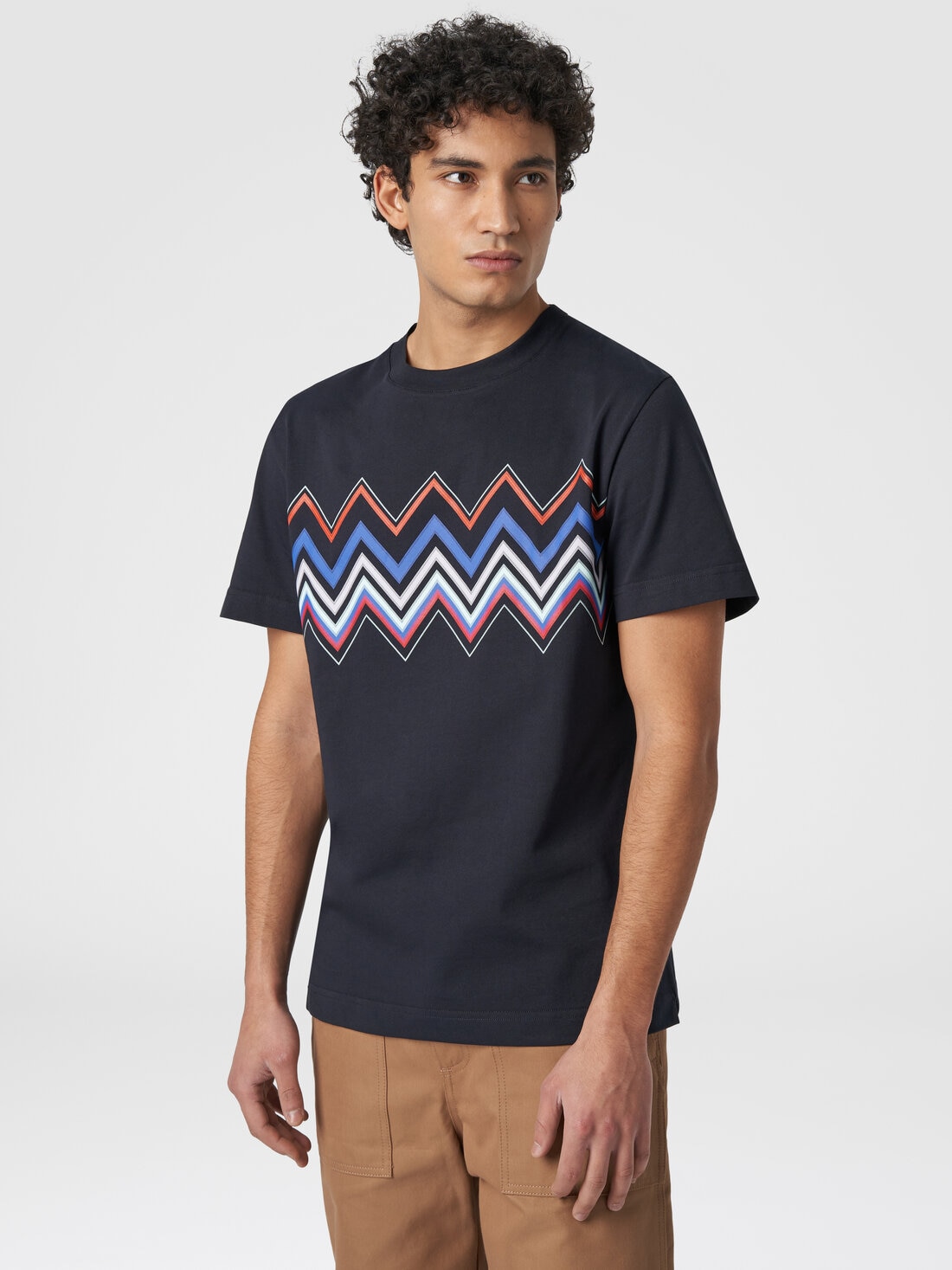 Short-sleeved T-shirt in cotton with zigzag print, Multicoloured  - US24SL0CBJ00J3S72E2 - 3