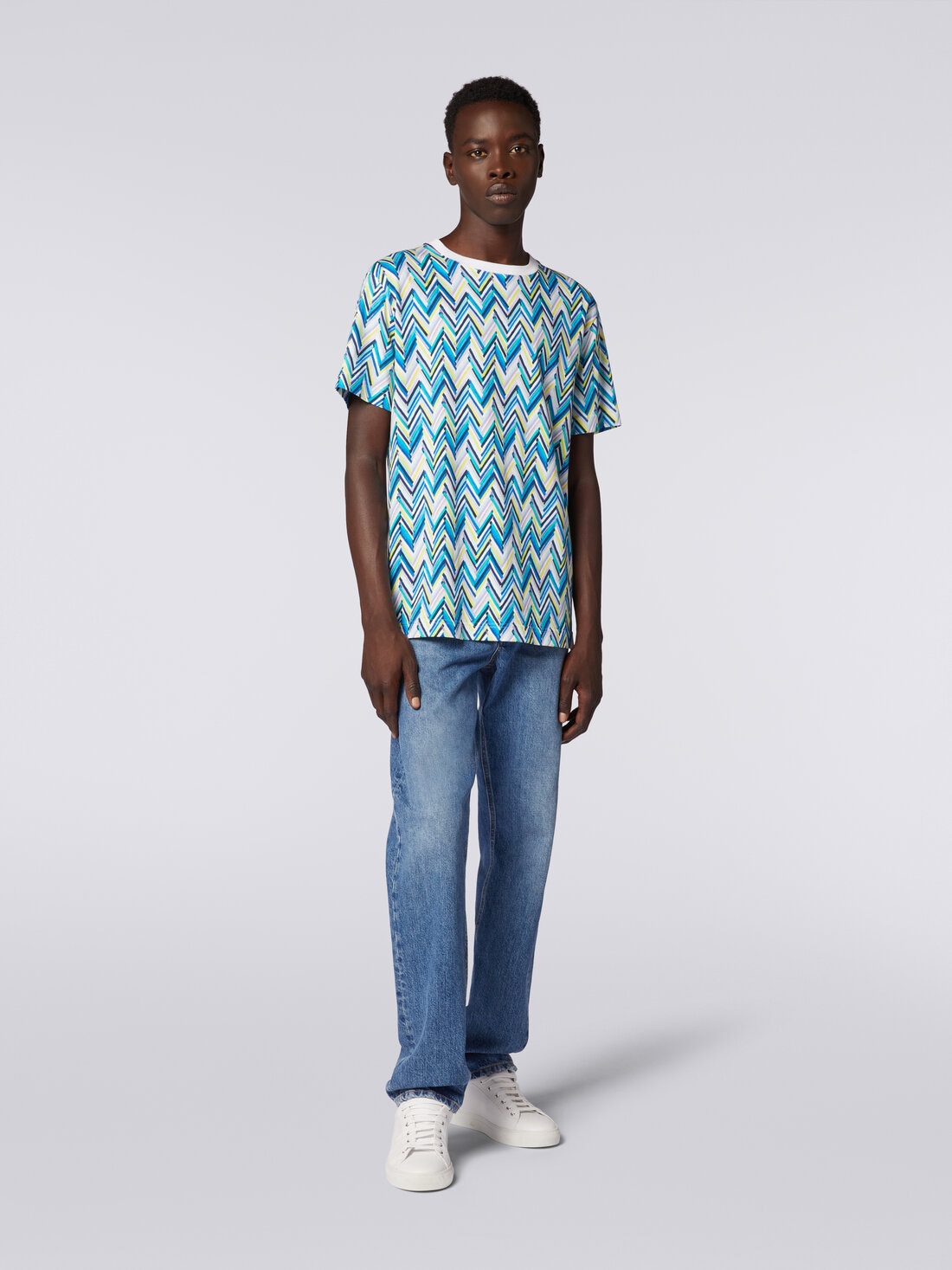 Crew-neck T-shirt in cotton with zigzag print, Multicoloured  - US24SL0CBJ00JBSM994 - 1