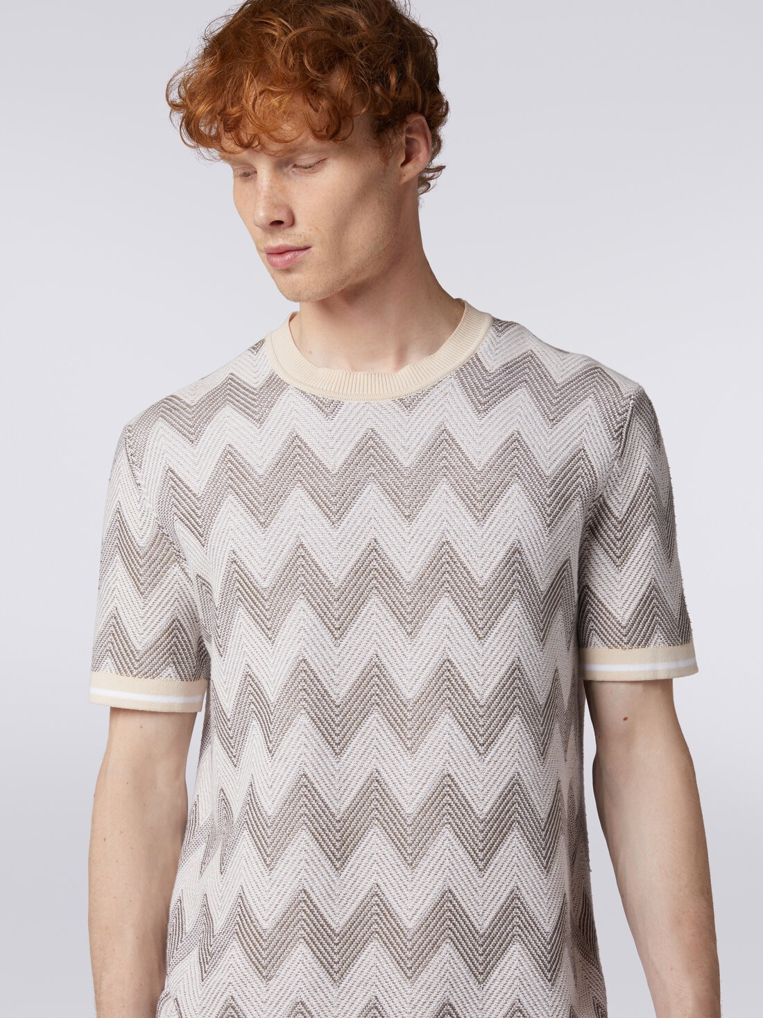 T-shirt in chevron cotton knit with contrasting trim, Multicoloured  - US24SL0HBK034YS80BX - 4