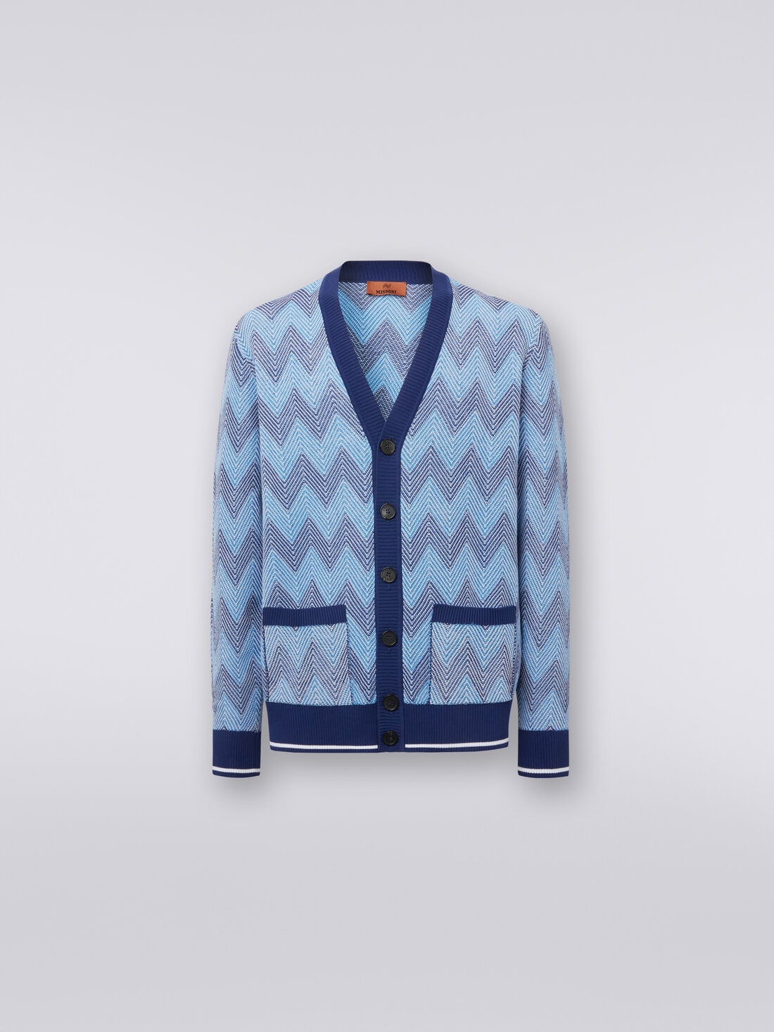 Cardigan in chevron cotton knit with contrasting trim, Blue - US24SM07BK034YS72F8 - 0